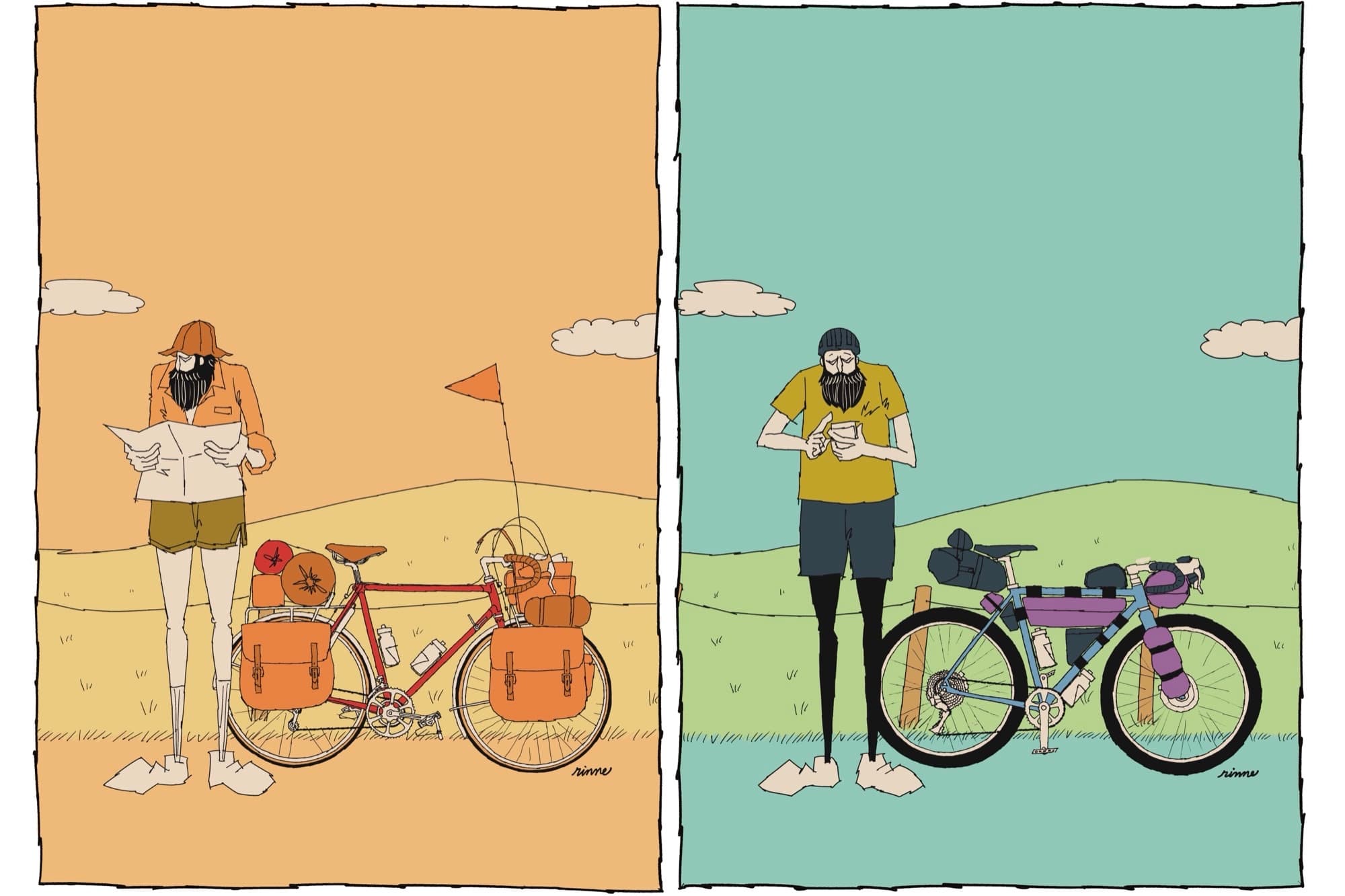 Two-panel illustration of a touring cyclist reading a map in the desert beside another eating beside his bike in green hills