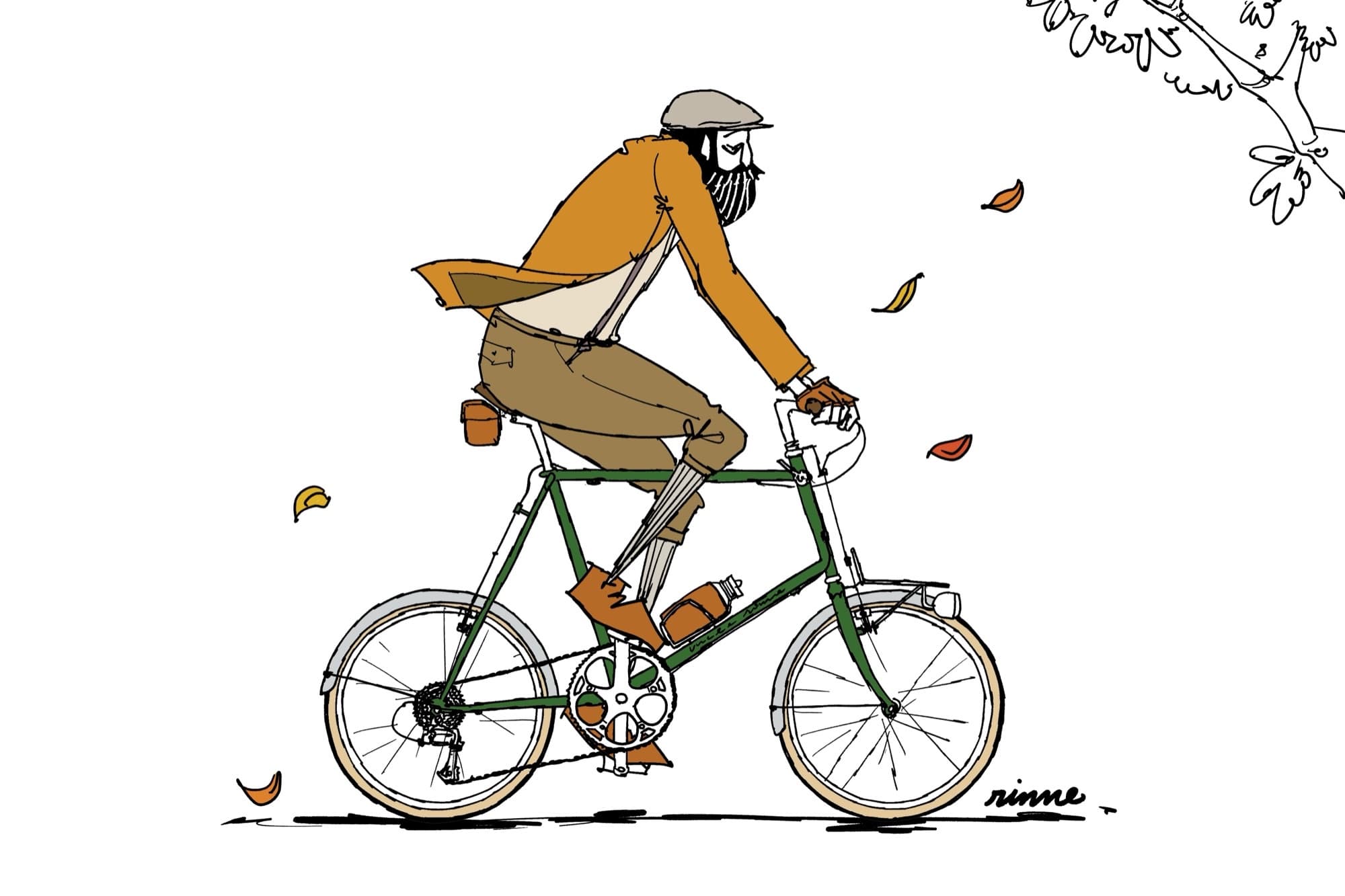 Illustration of a rider on a minivelo through falling autumn leaves