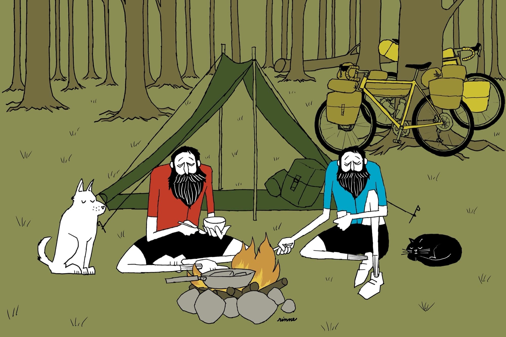 Illustration of two bikepackers camping with a dog and a cat by a campfire