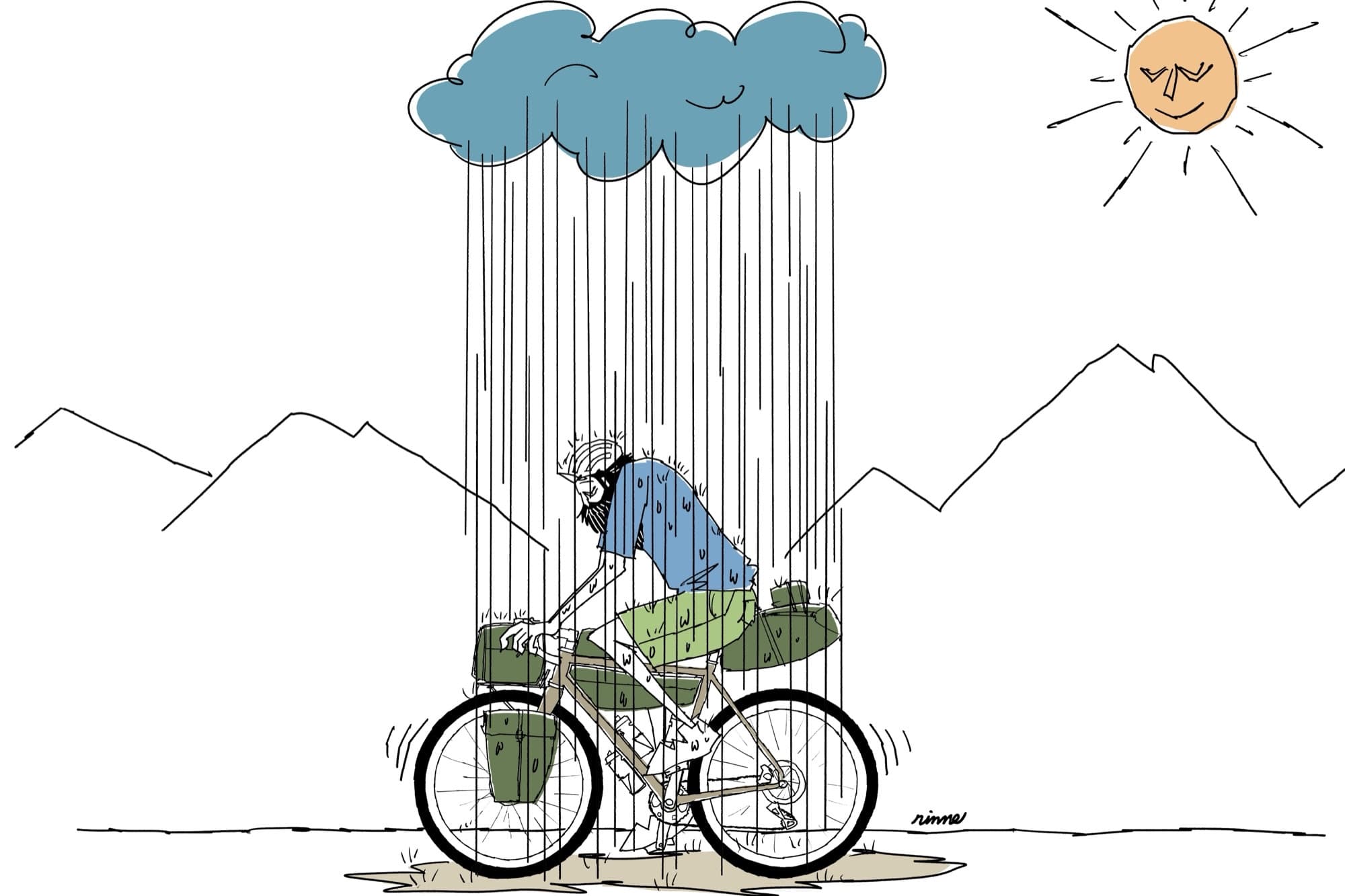 Illustration of a mountain biker caught between a rain cloud and a smiling sun