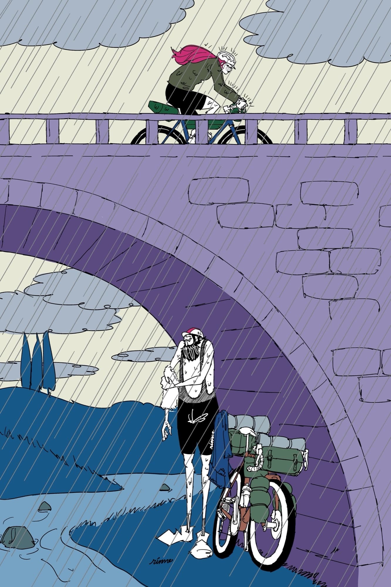 Illustration of a rider crossing a rain-soaked stone bridge above another resting with his loaded bike by the river below