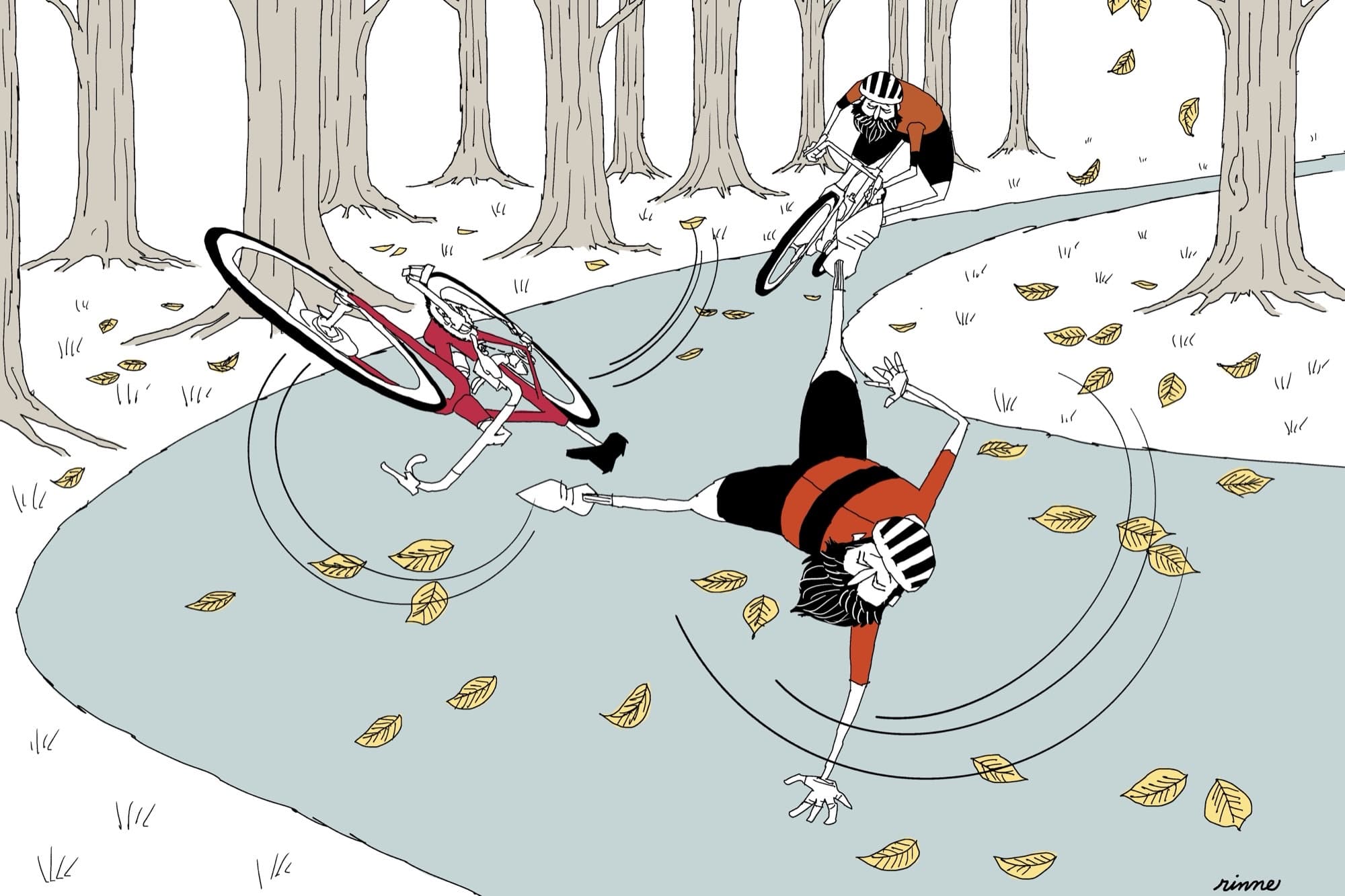 Illustration of two cyclists crashing spectacularly into a pile of autumn leaves