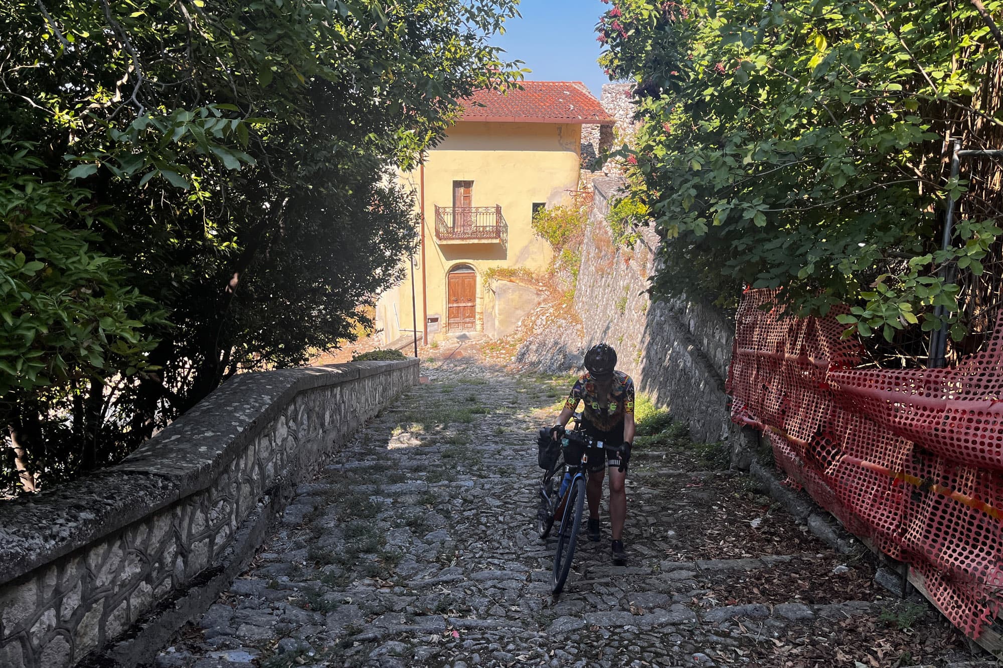 Valerie climbs some steps.