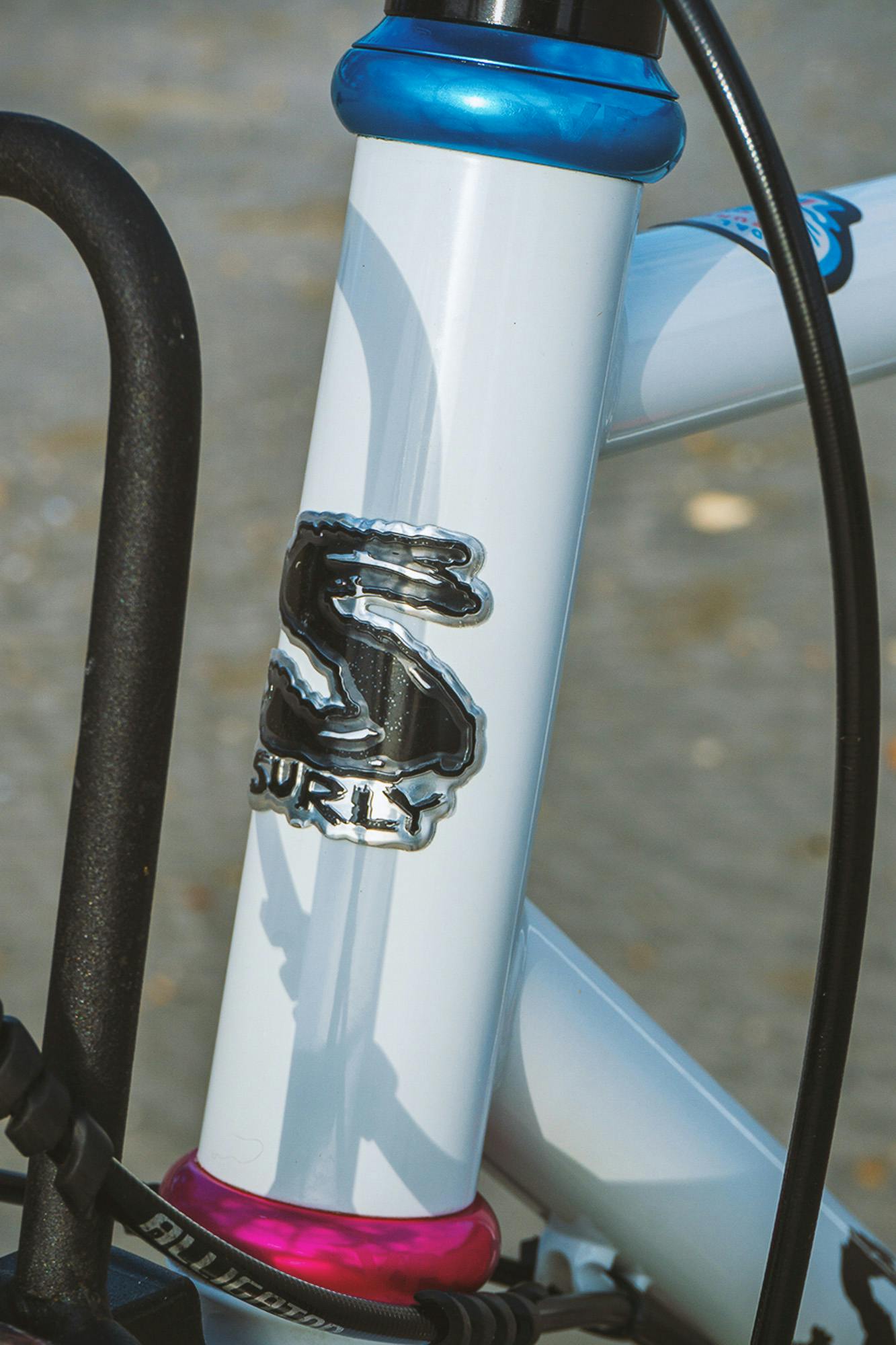 A Surly head tube badge.