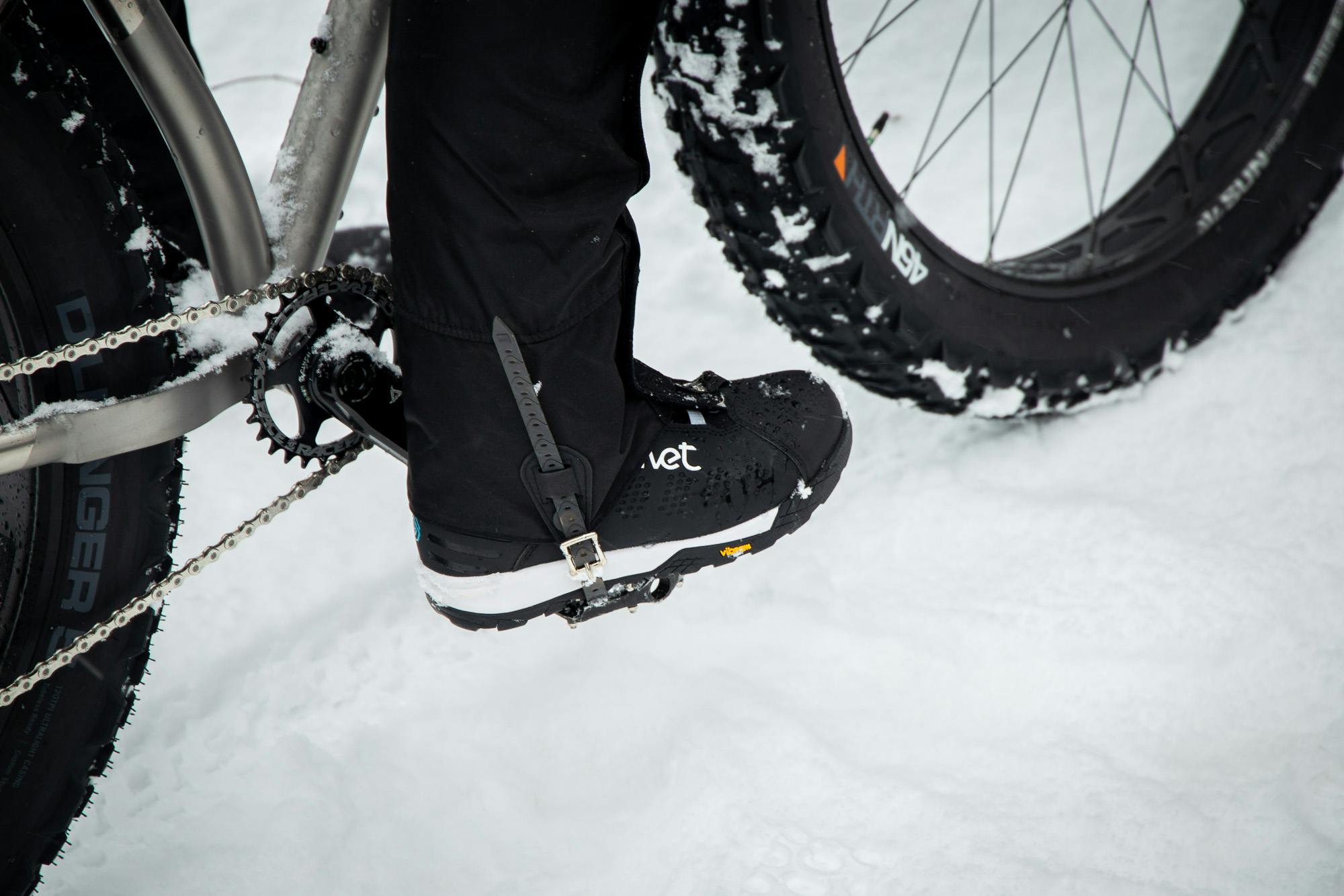 The Quilo boots on the bike with gaiters.