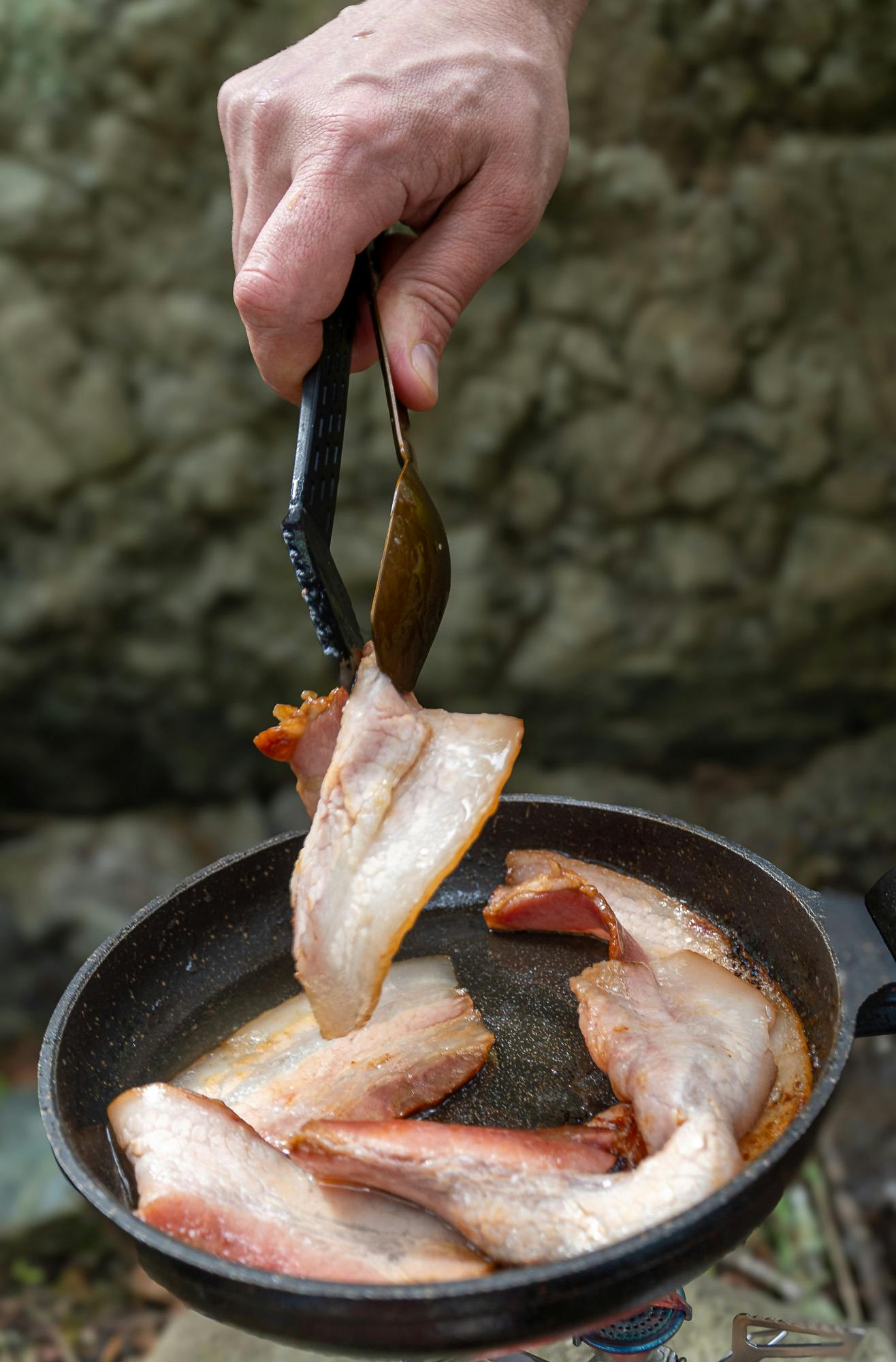 Frying bacon with the Gerber Compleat tongs.