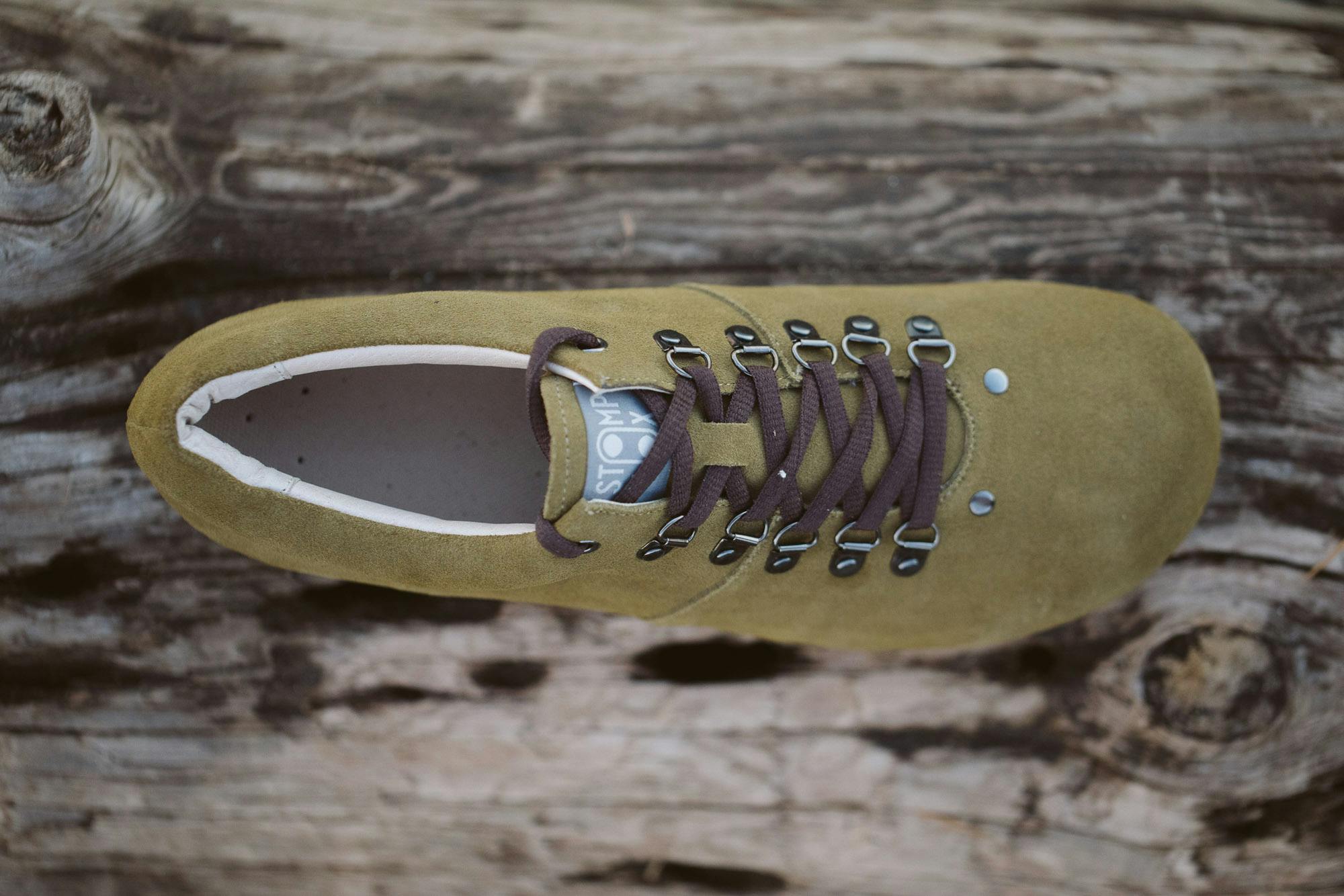 Stomplox Slack shoe on a log.