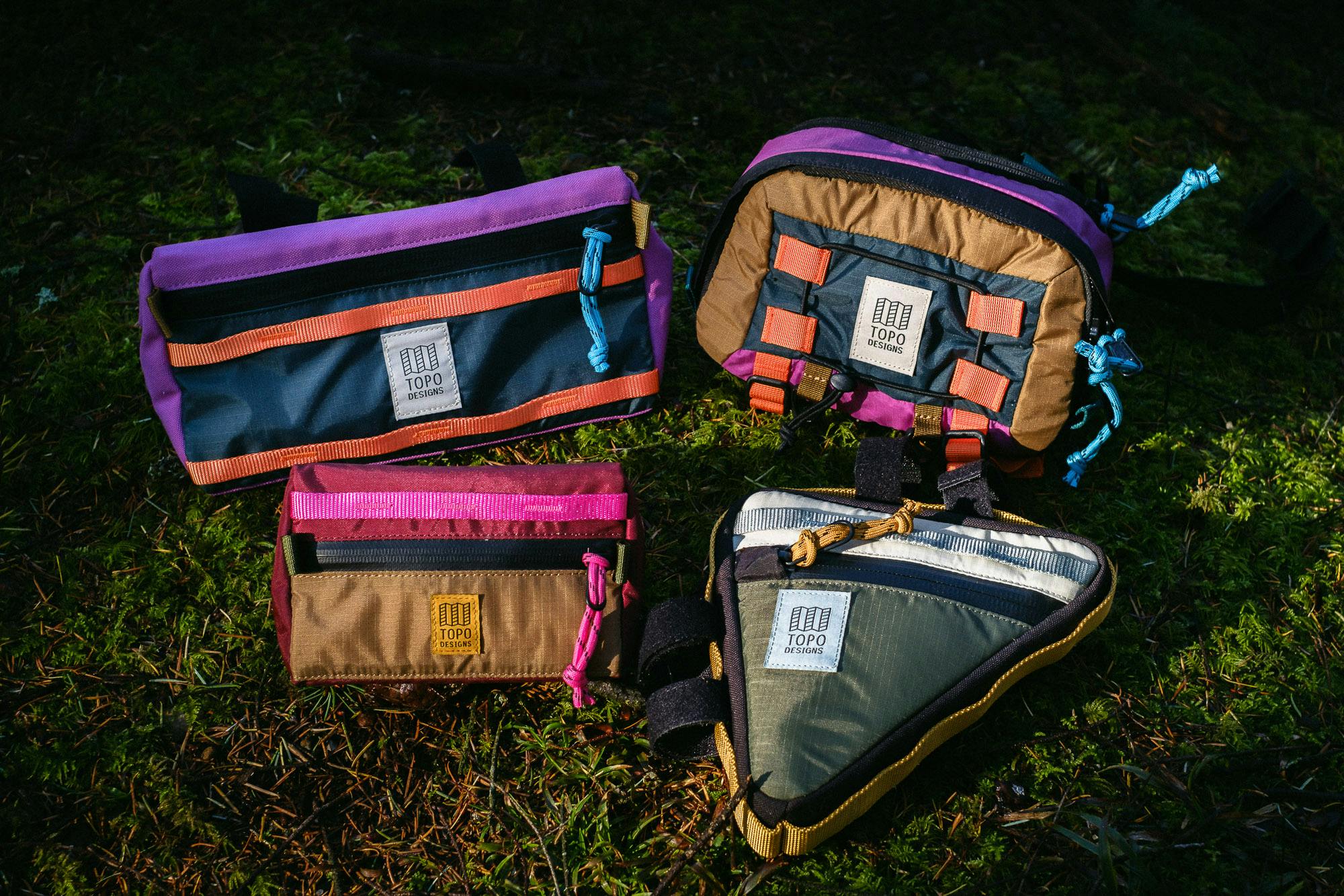 The line up of Topo Designs bike bags.