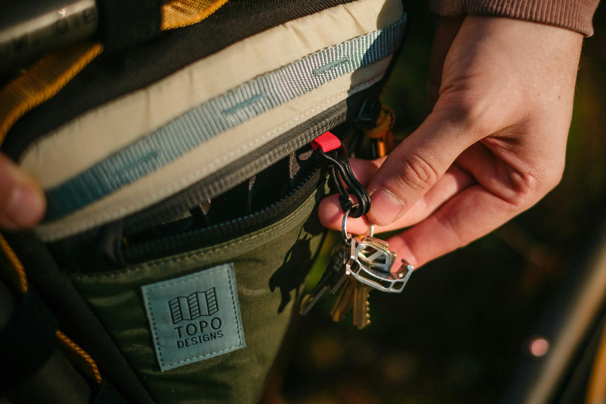 The Topo Designs frame pack with a key holder.
