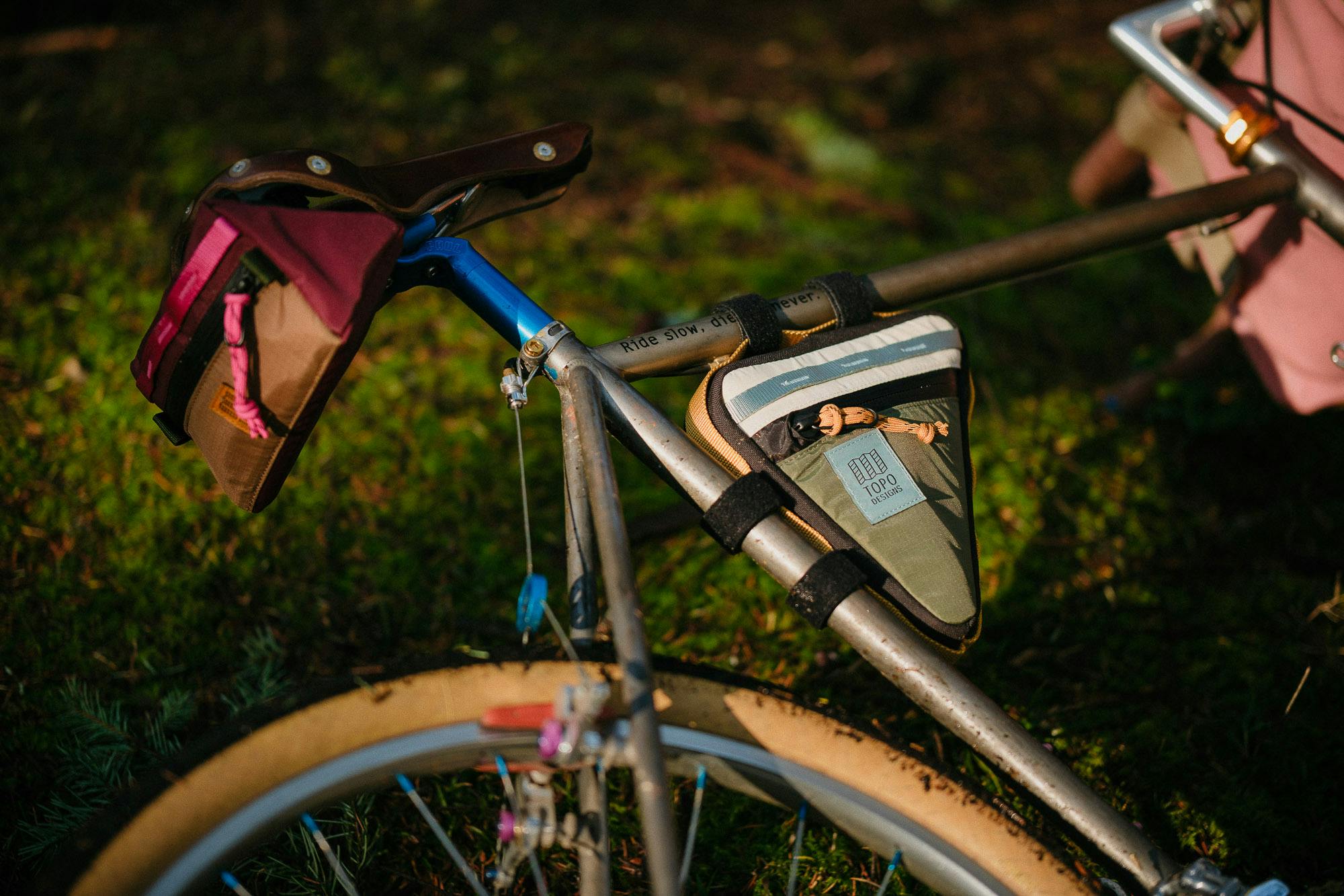 The Topo Designs frame pack looks great on vintage bikes