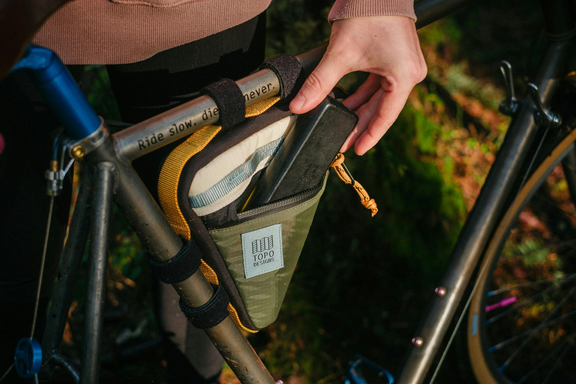 The Topo Designs frame pack perfect for holding your phone.