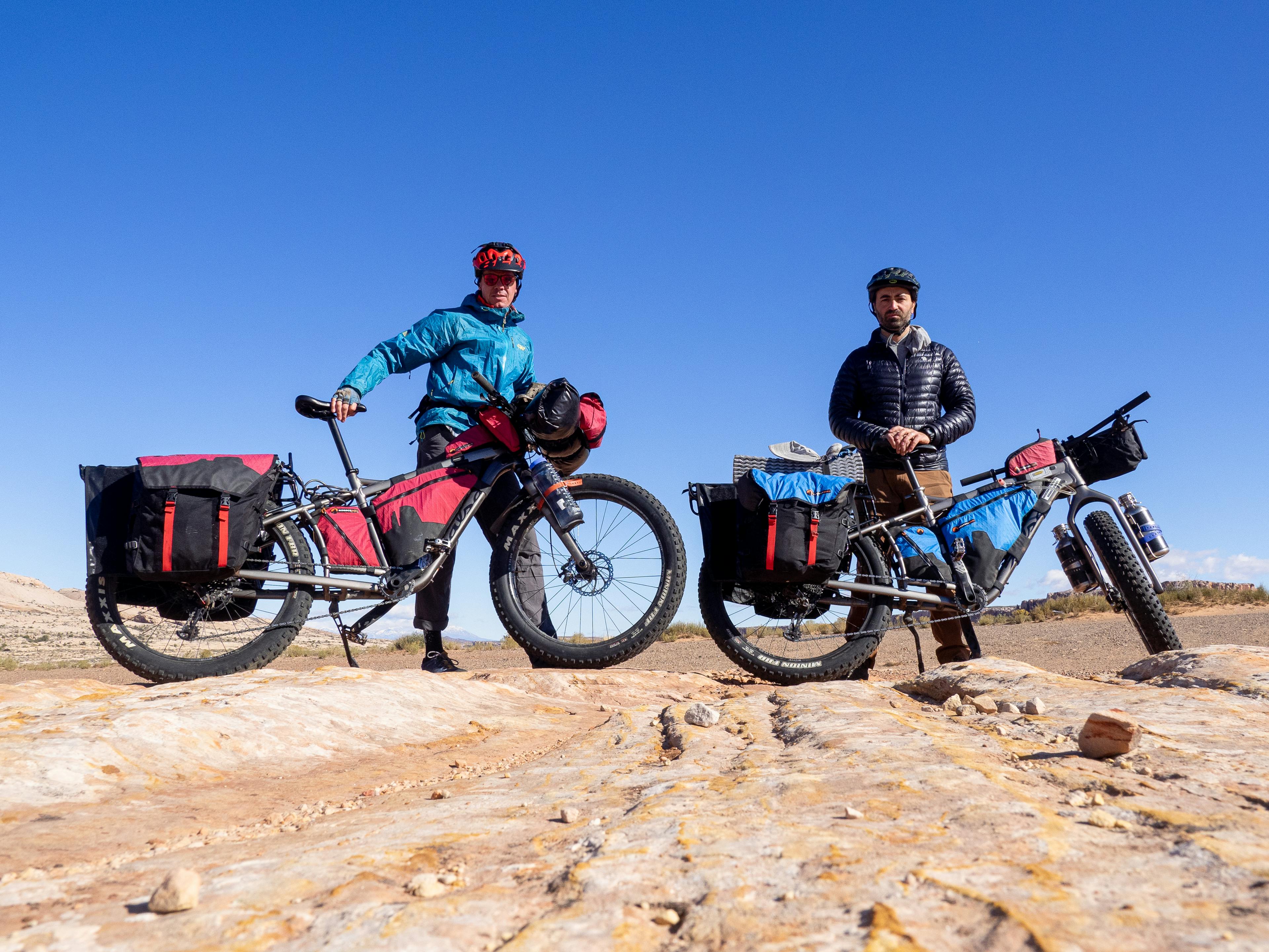 Brett and a friend on the cargo bikepacking road.