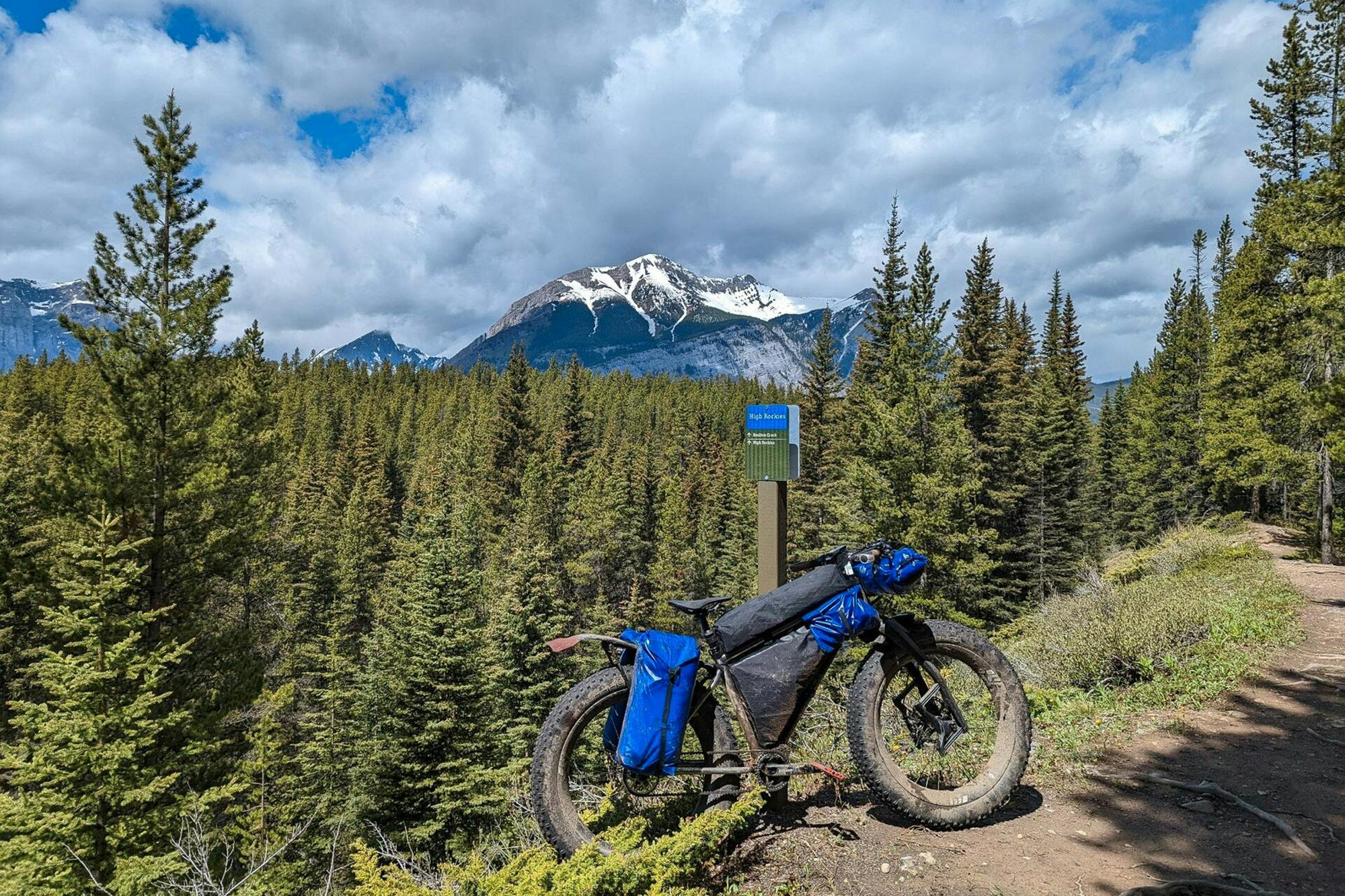 A fatbike in front of mountains.