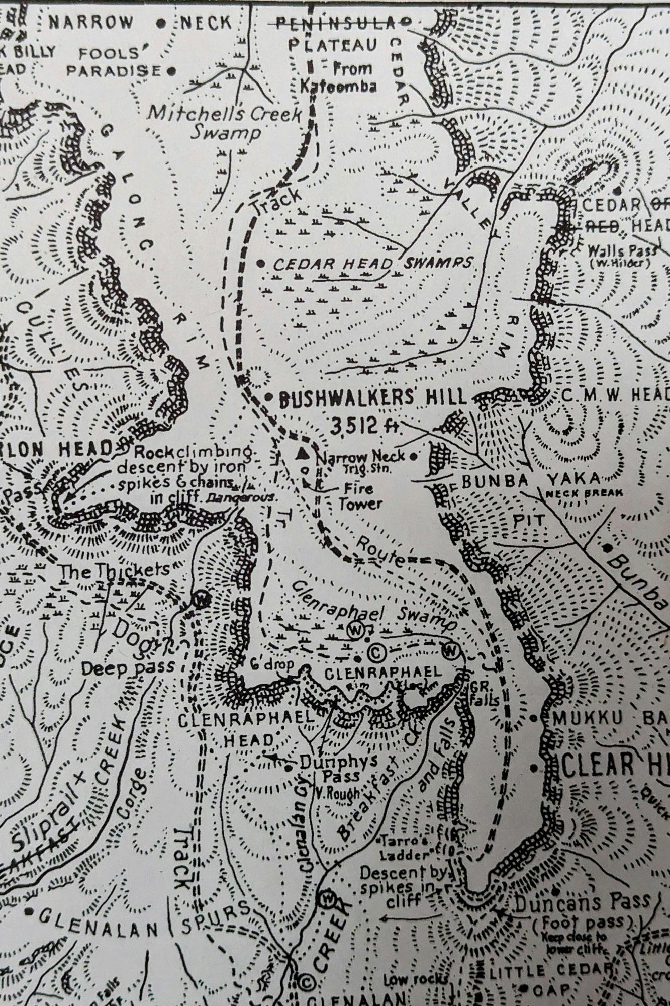 A handdrawn map of the Narrow Neck.