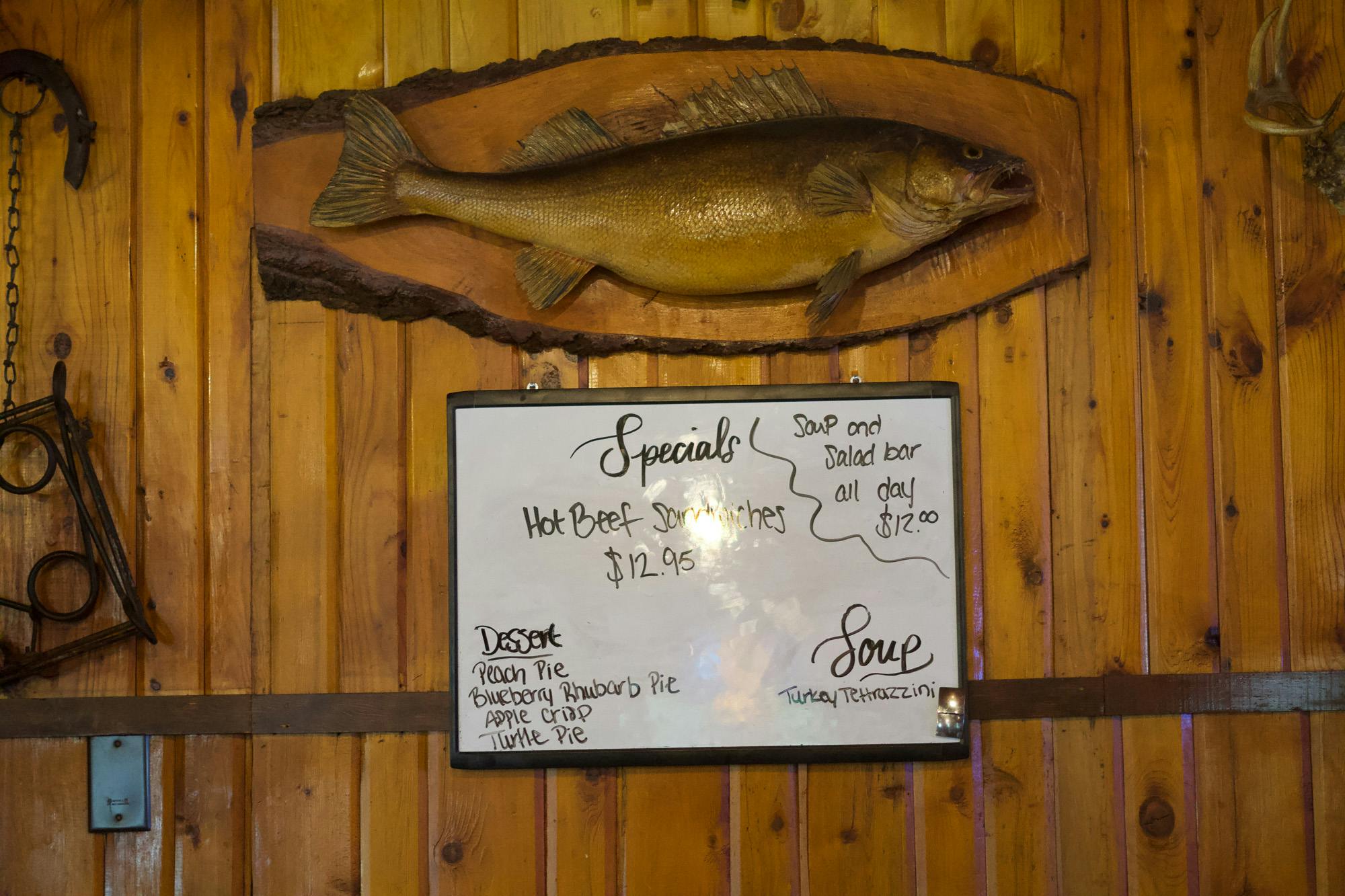 Antler Lodge decor: a stuffed fish.