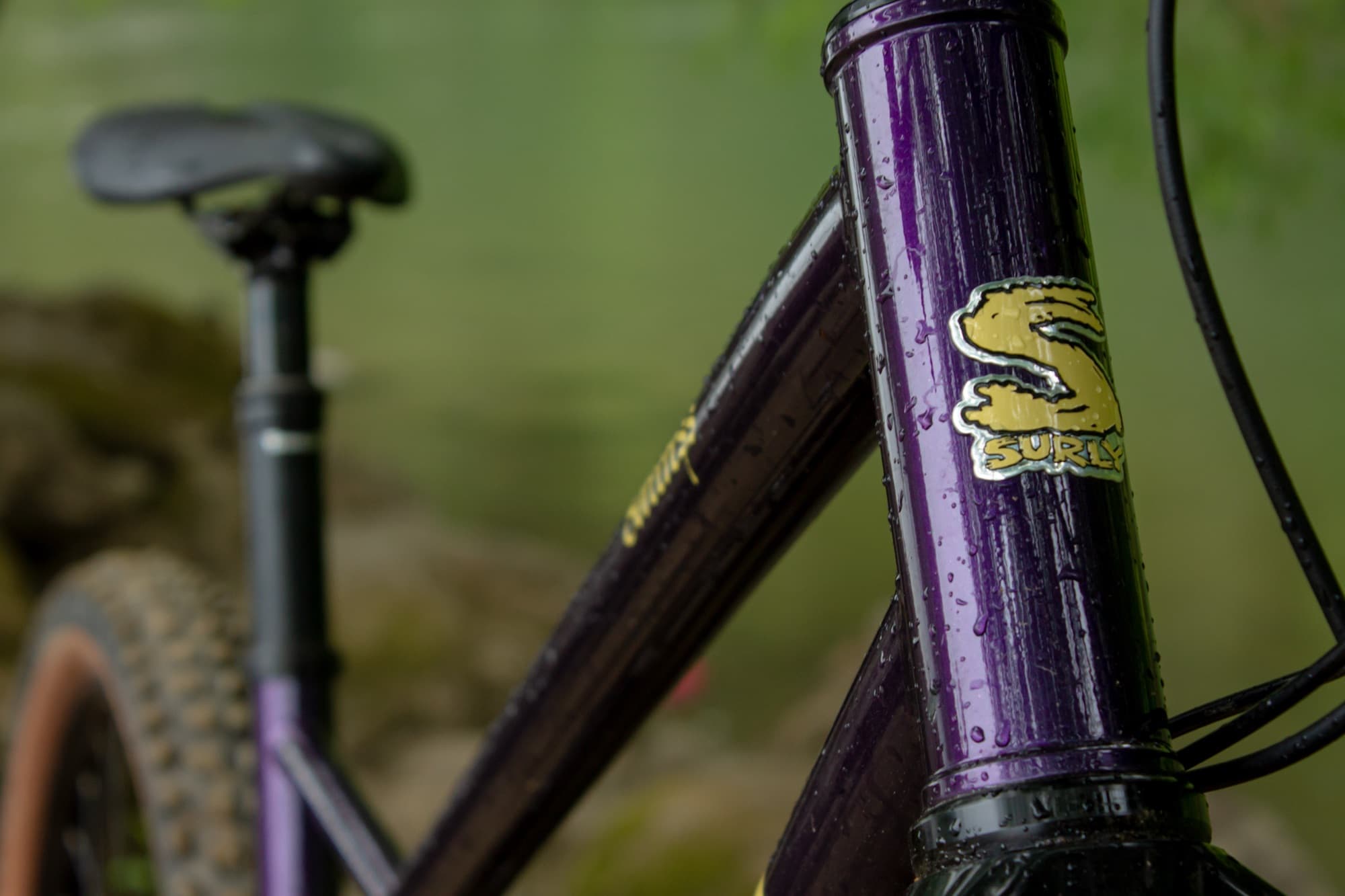 The Surly headtube badge in glitter purple