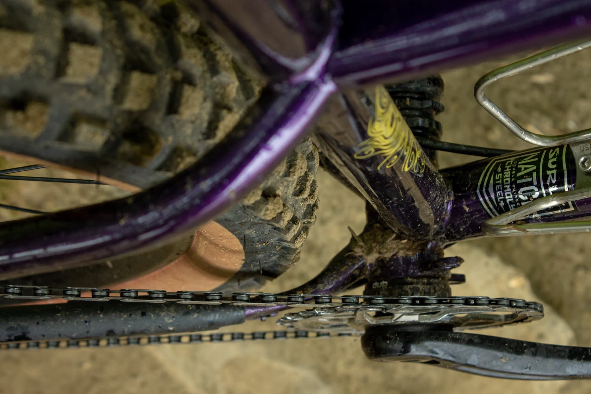 Chain, chainstay, and bottom bracket after a dusty ride