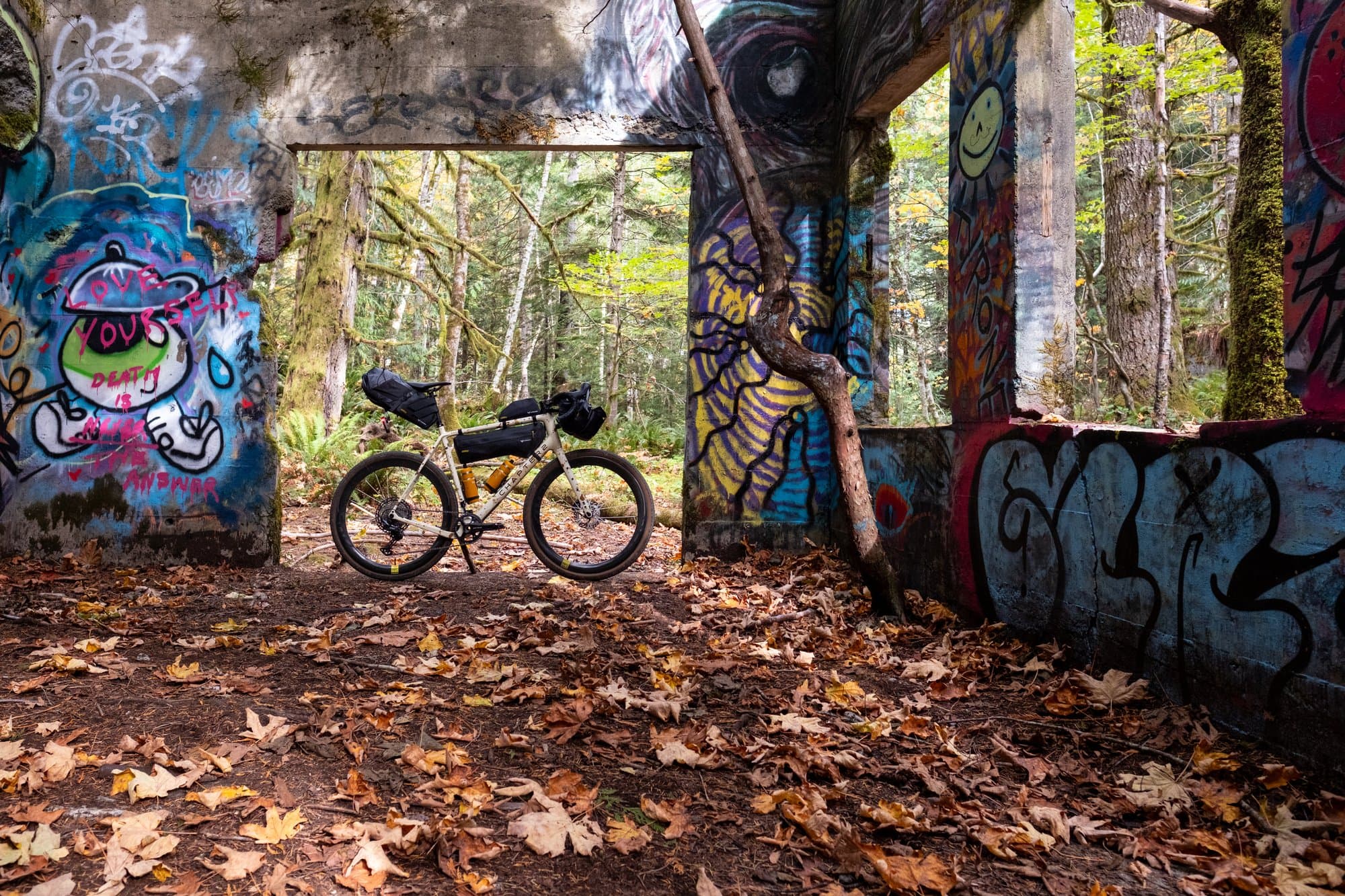 The loaded Kaha framed by a doorway in the graffiti-covered ruins.