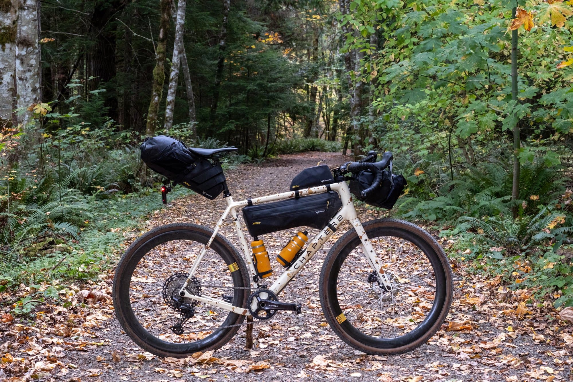 Side view of the fully loaded Kaha on a leaf-covered double track.