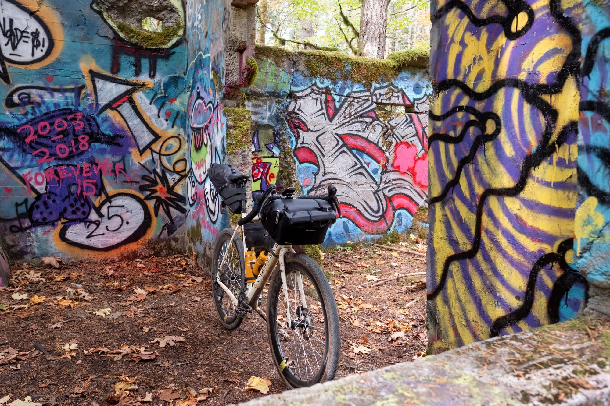 The loaded gravel bike leaning between graffiti walls in the forest ruins.