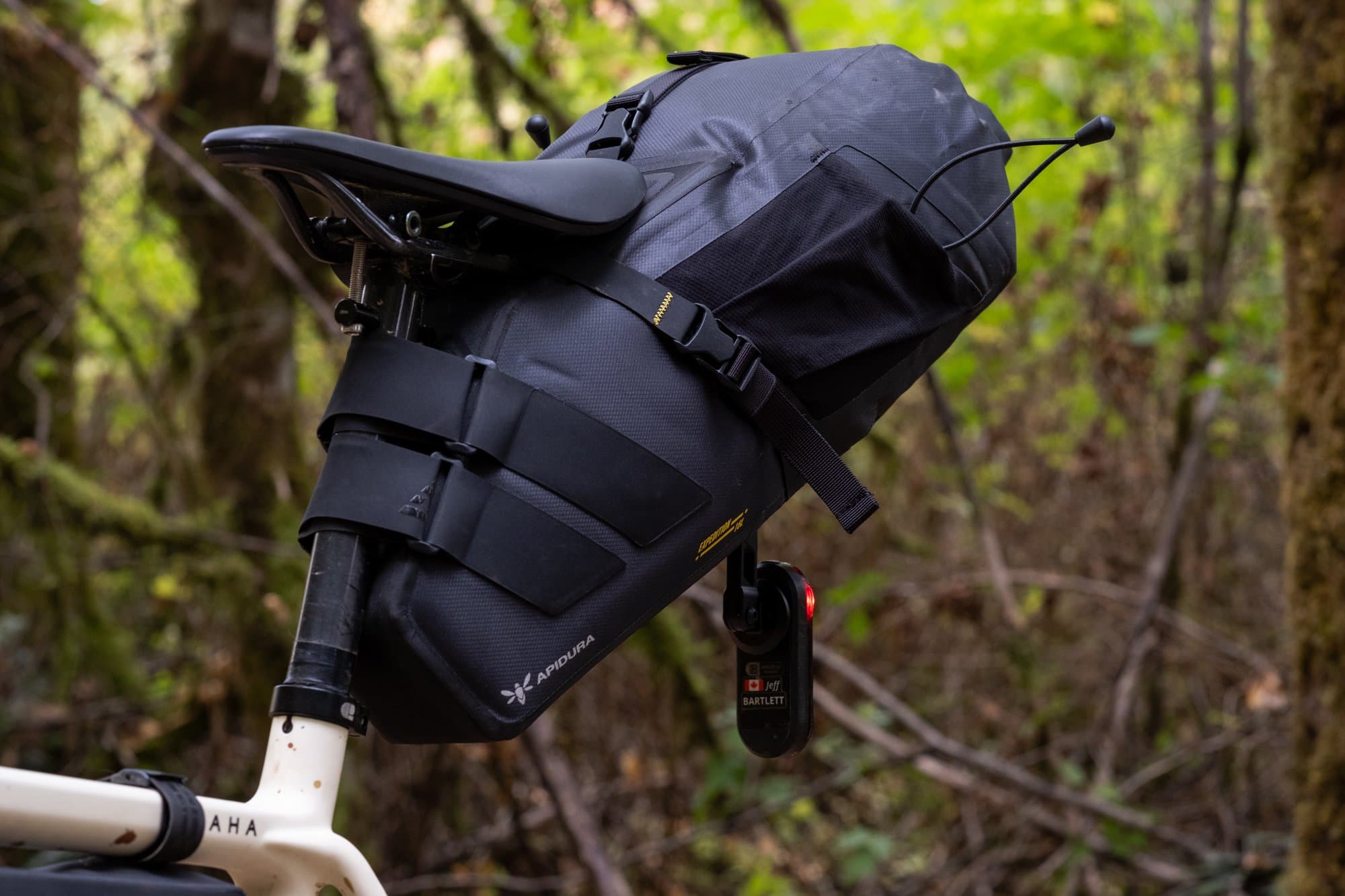 The Expedition Saddle Pack with a Garmin Varia mounted underneath.