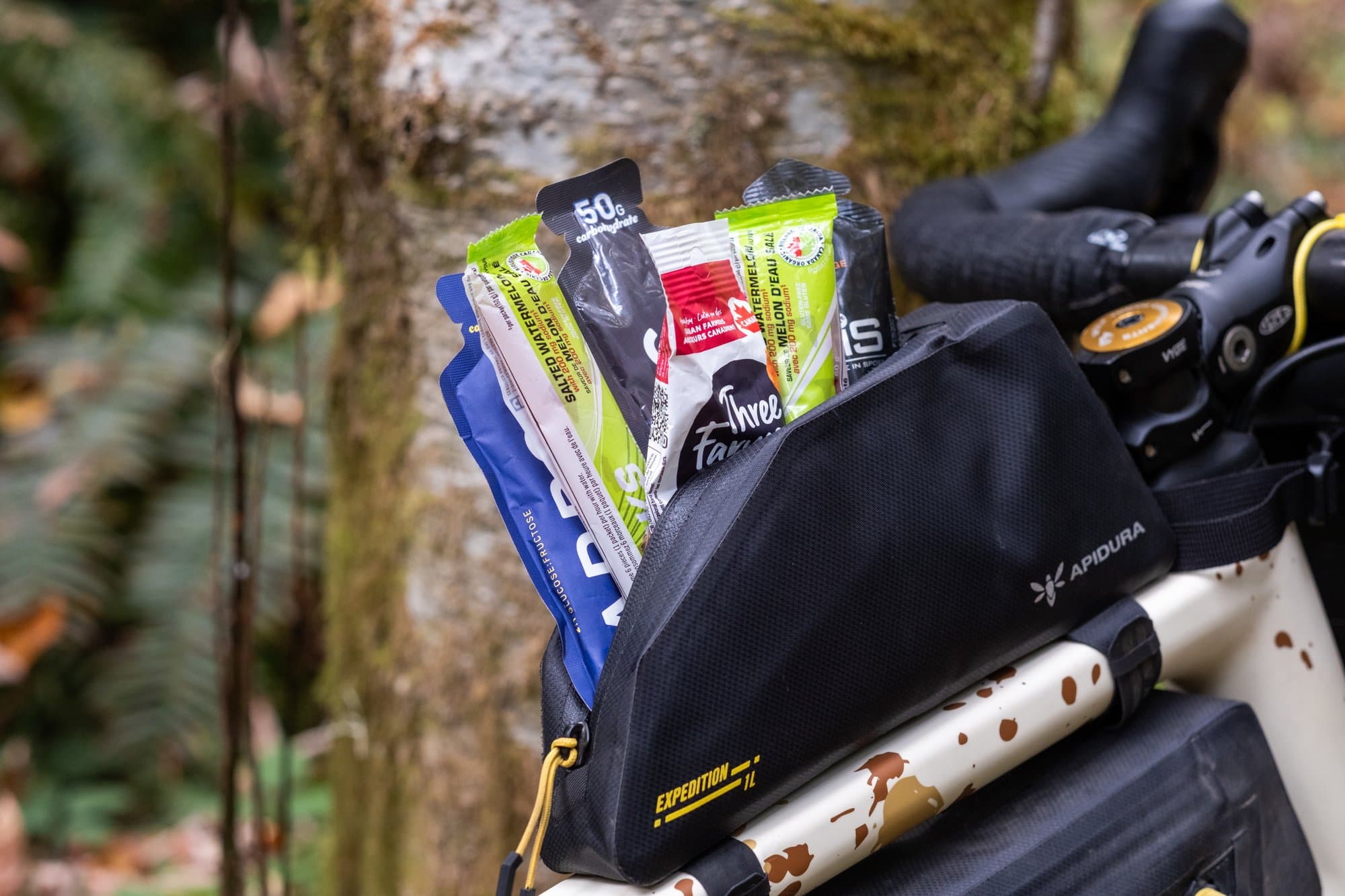 Gels and snacks packed into the Expedition Top Tube Pack.