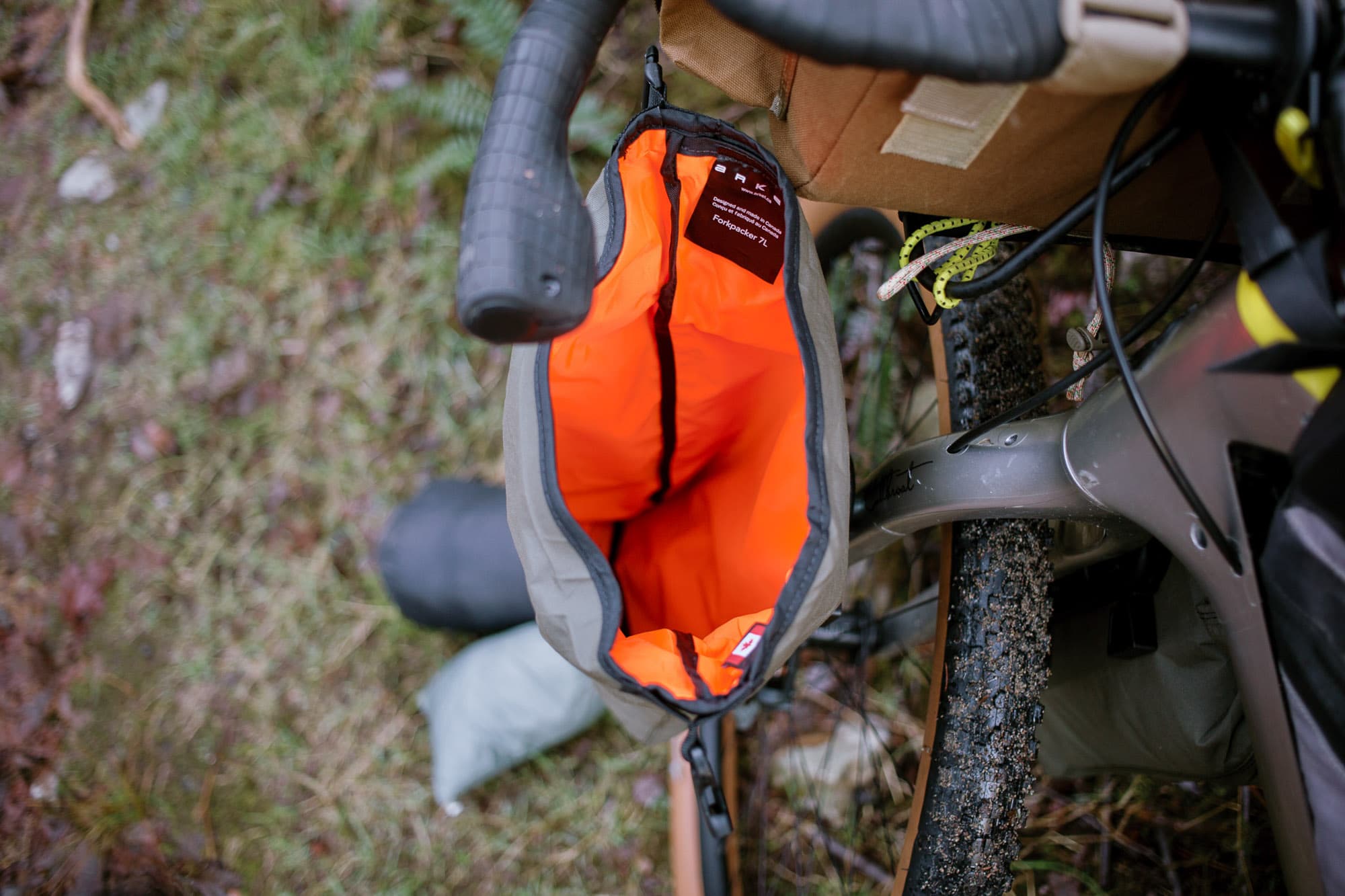 Bright orange interior of the Forkpacker opened up on the fork.