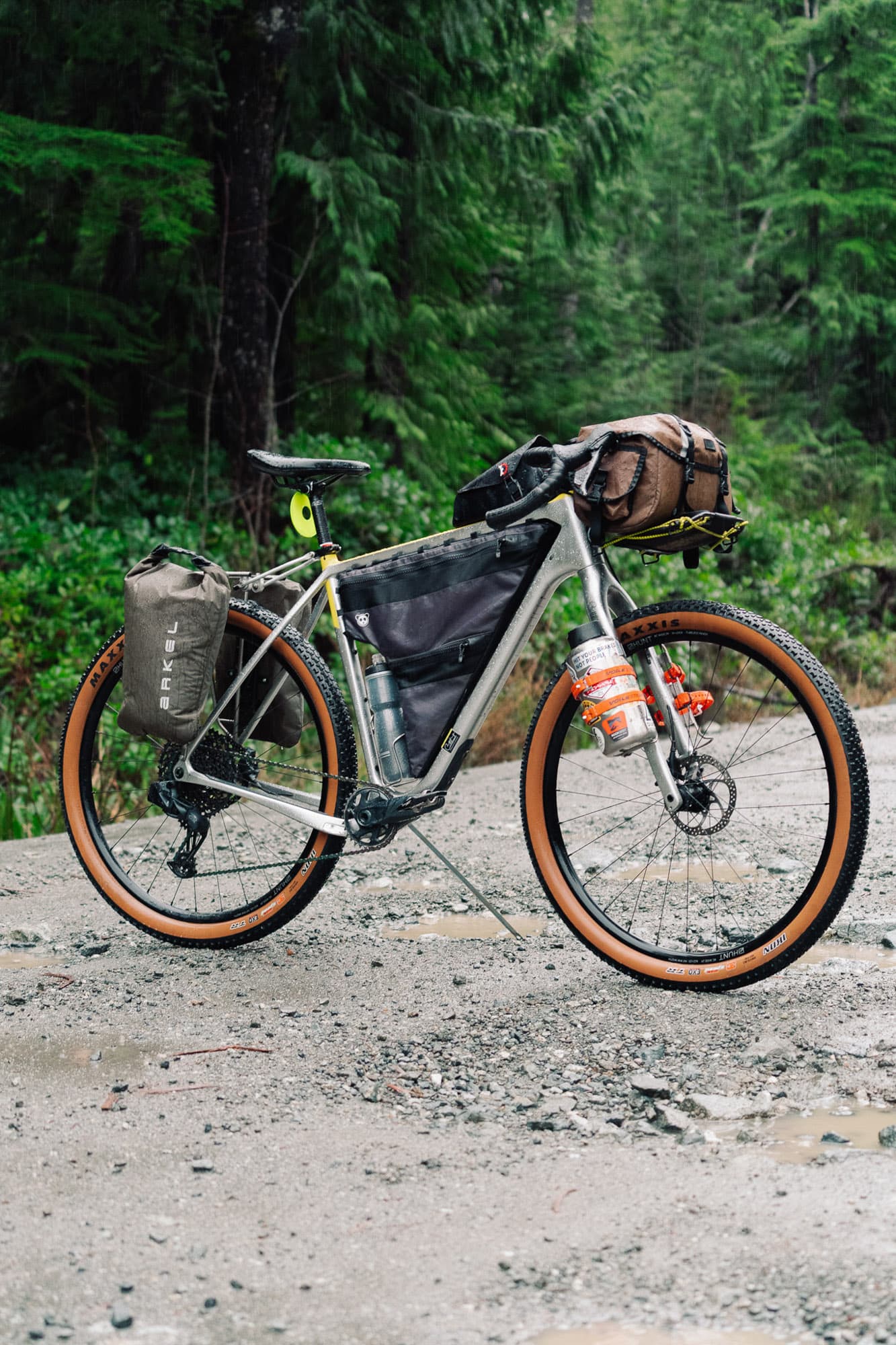 Three-quarter view of the loaded bikepacking rig.