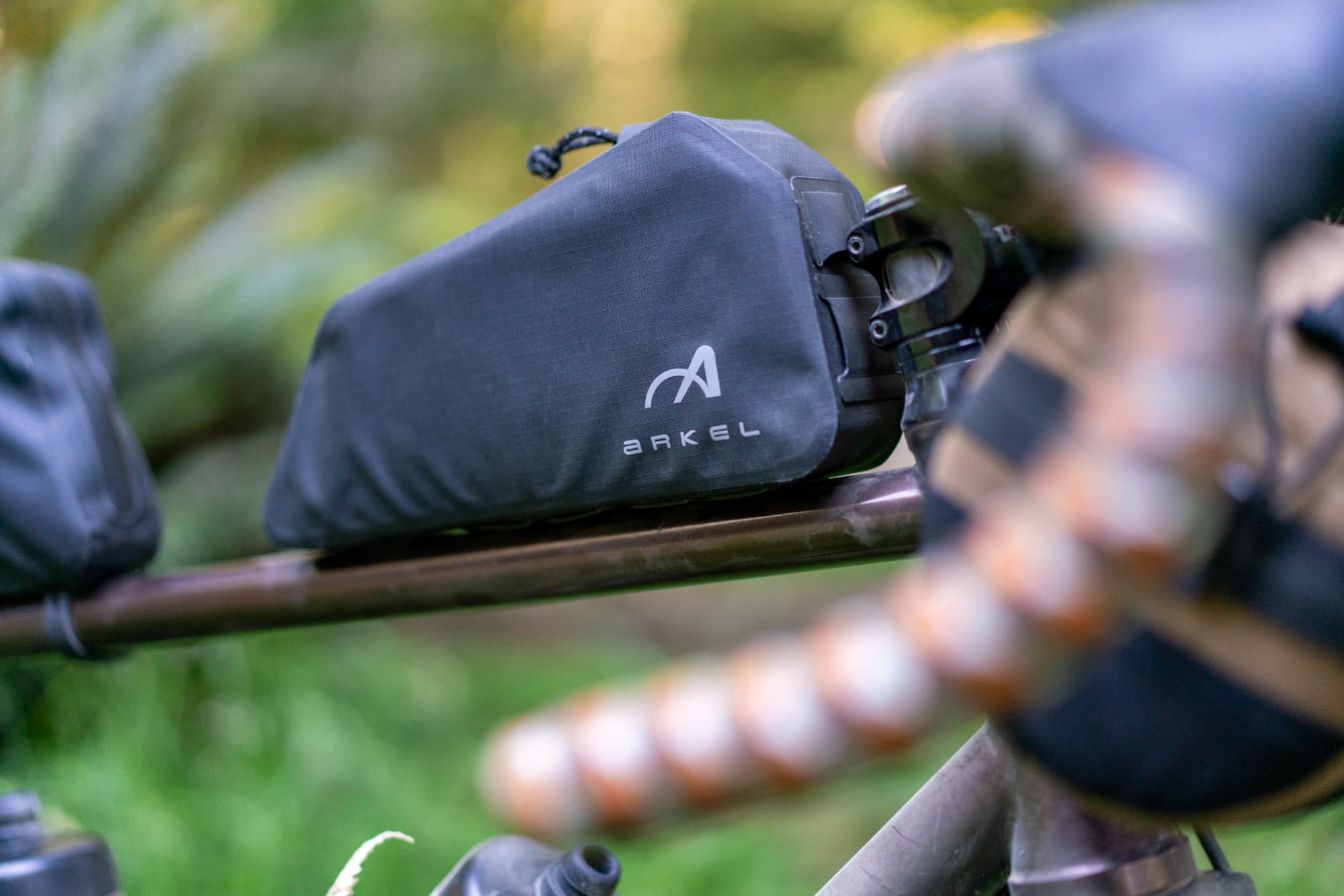 Close-up of the Arkel branding on the front top tube bag.