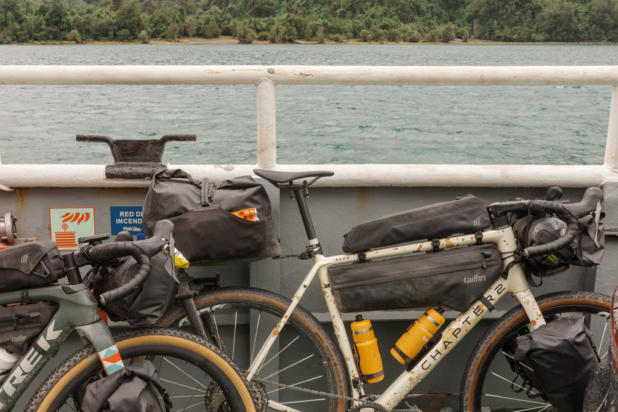 The loaded Chapter2 Kaha on the ferry across Lago Tagua-Tagua.