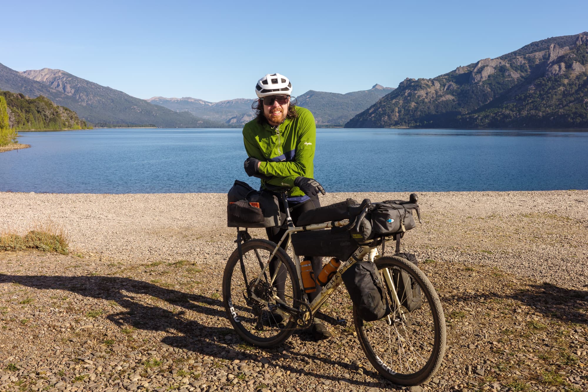 Jeff with the loaded Kaha at a Patagonian lakeshore at the end of the loop.