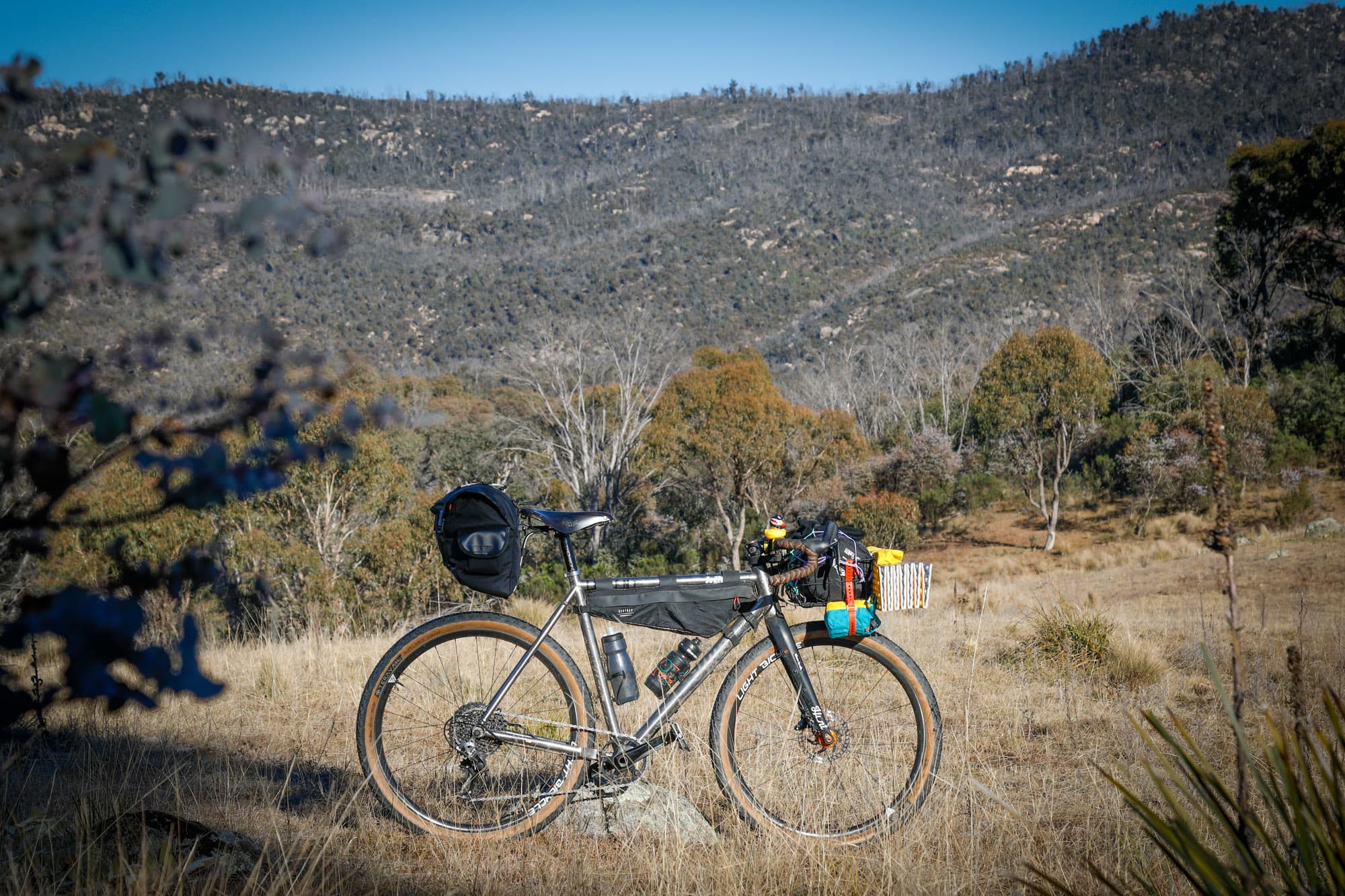 The fully loaded gravel bike parked in golden grassland.