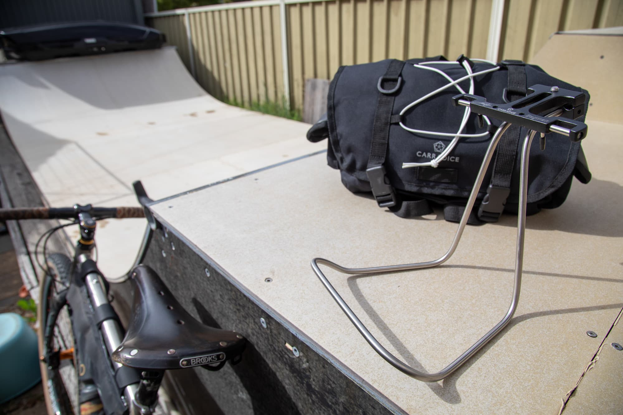 The Odyssey saddlebag and Expedition Bagman rack laid out before installation.