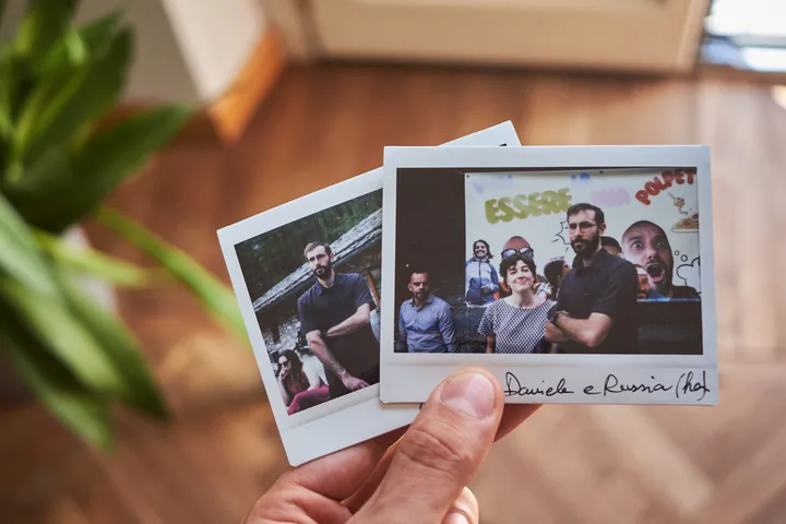 Two Instax prints from a wedding in the Alps, Davide wearing the Cascada shirt