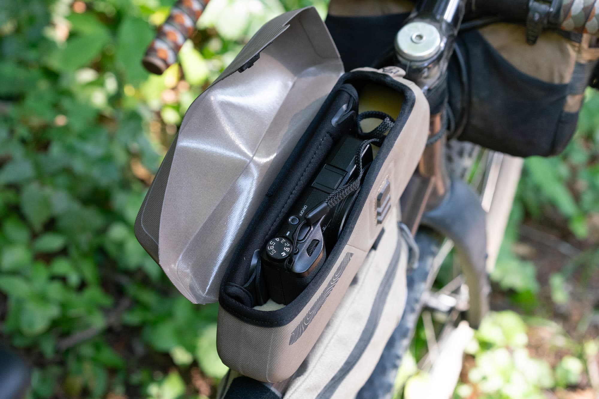 The Ricoh GR riding in the top tube bag.