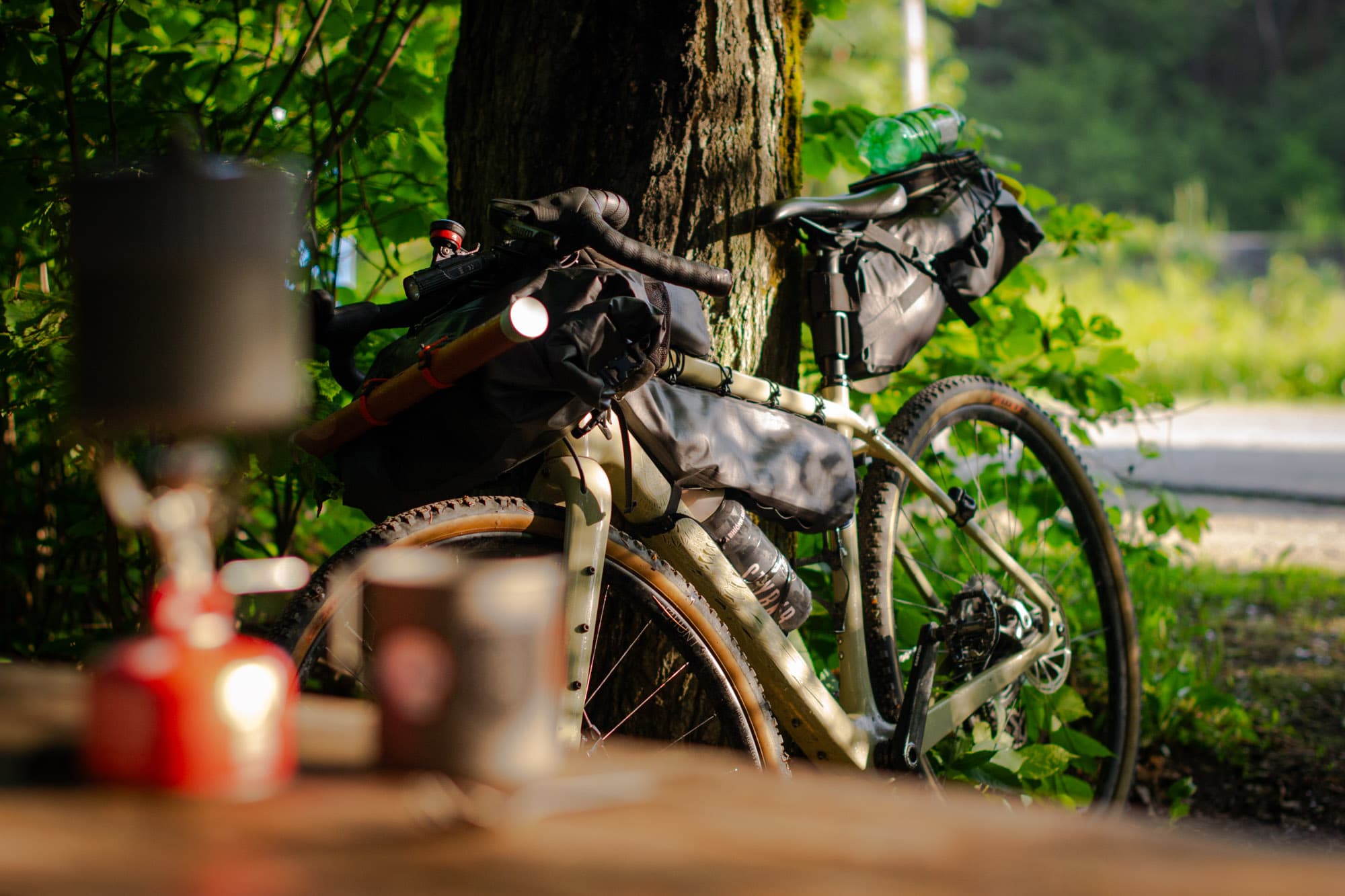 The MEC Provincial Packs ready for a bikepacking trip.