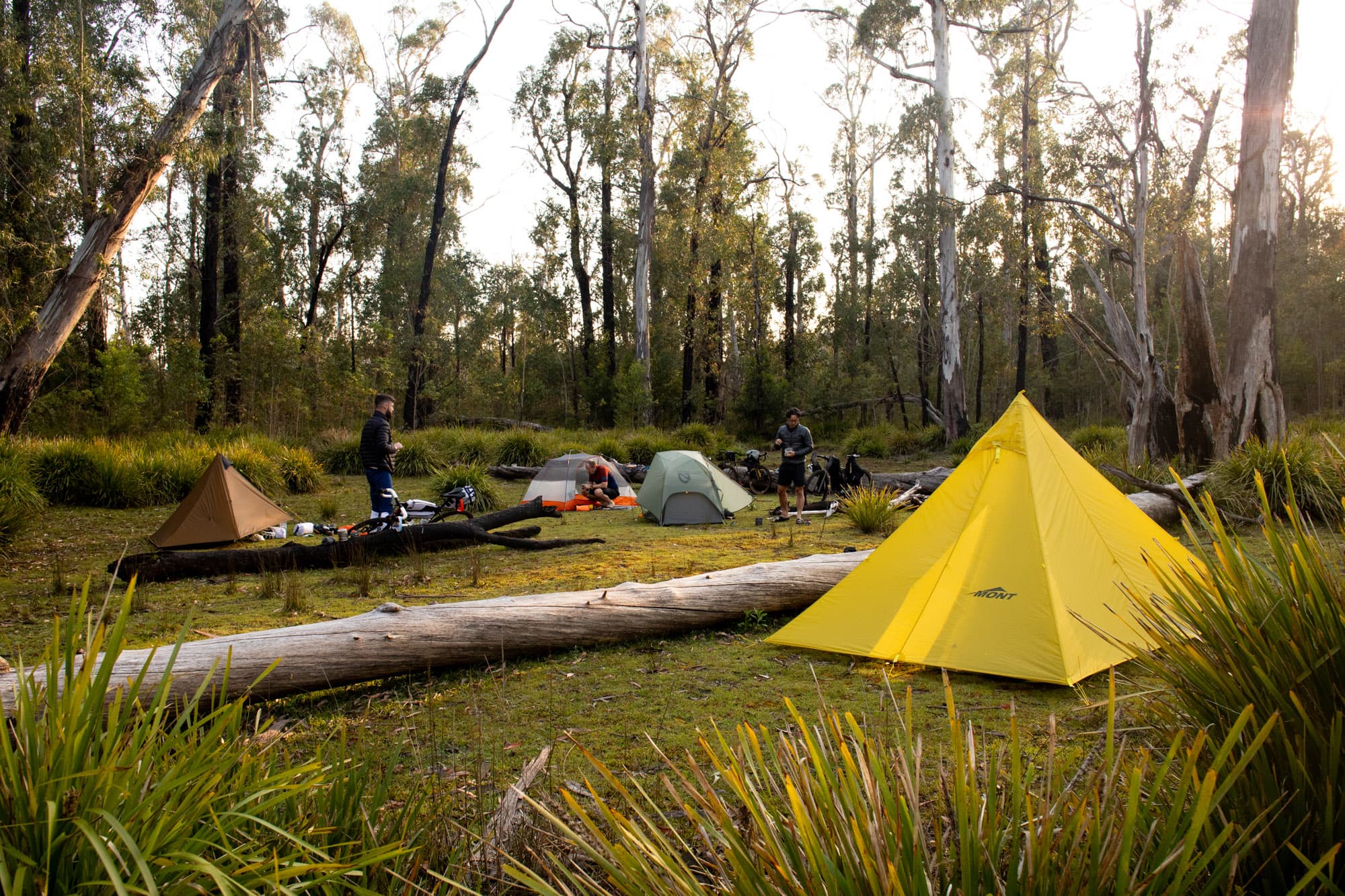 Mattie and crew in camp with a Mont tent.