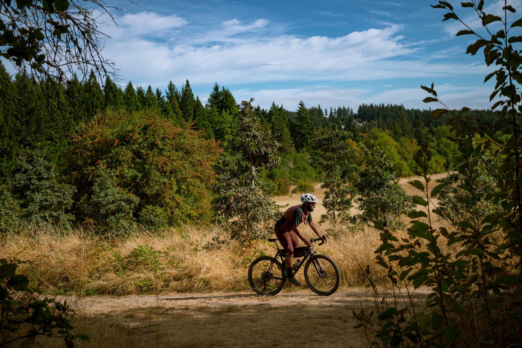 Abe riding across a dry meadow below the tree line.