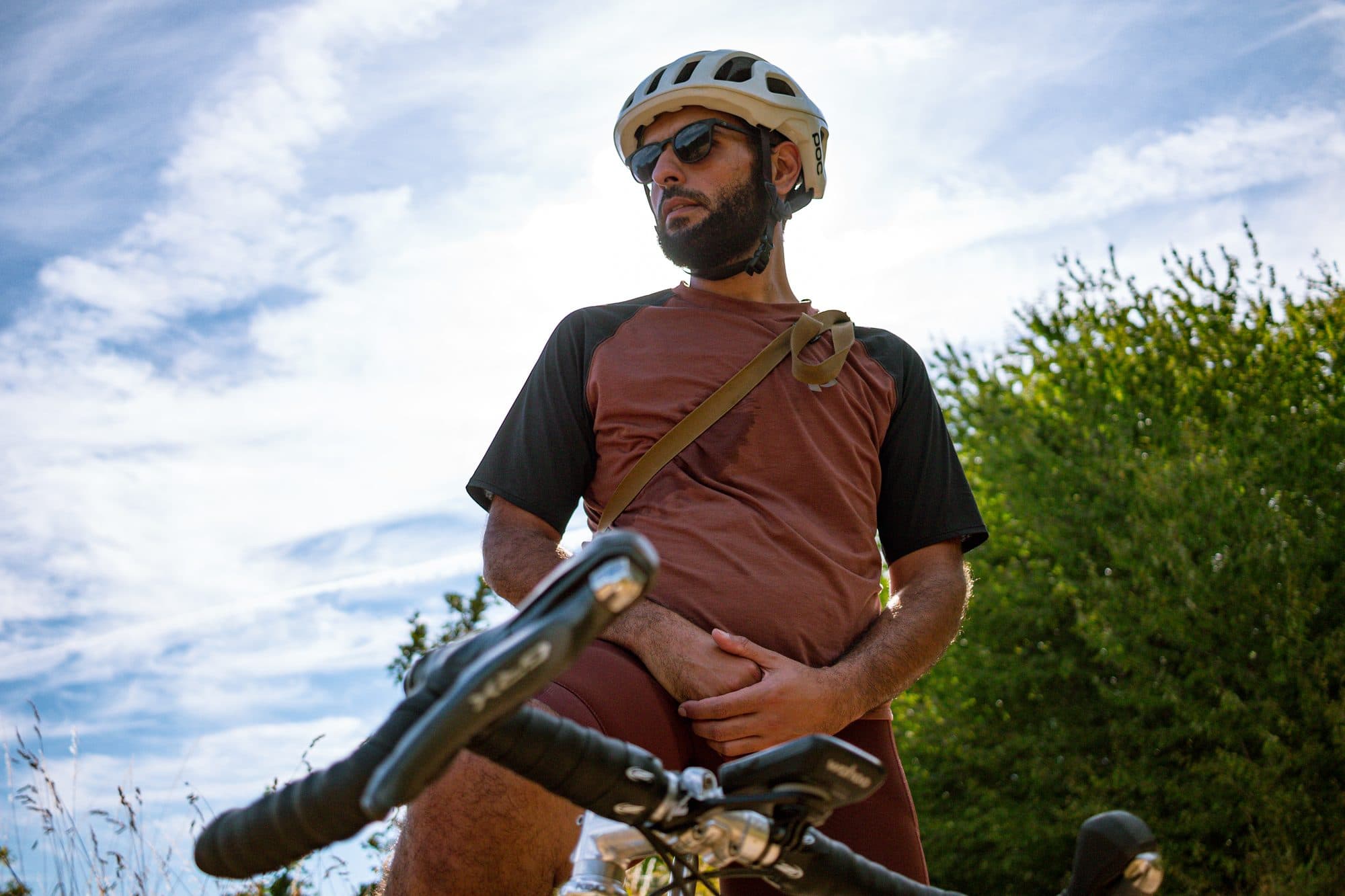 Abe looking out over the meadow with the camera strapped across the jersey.