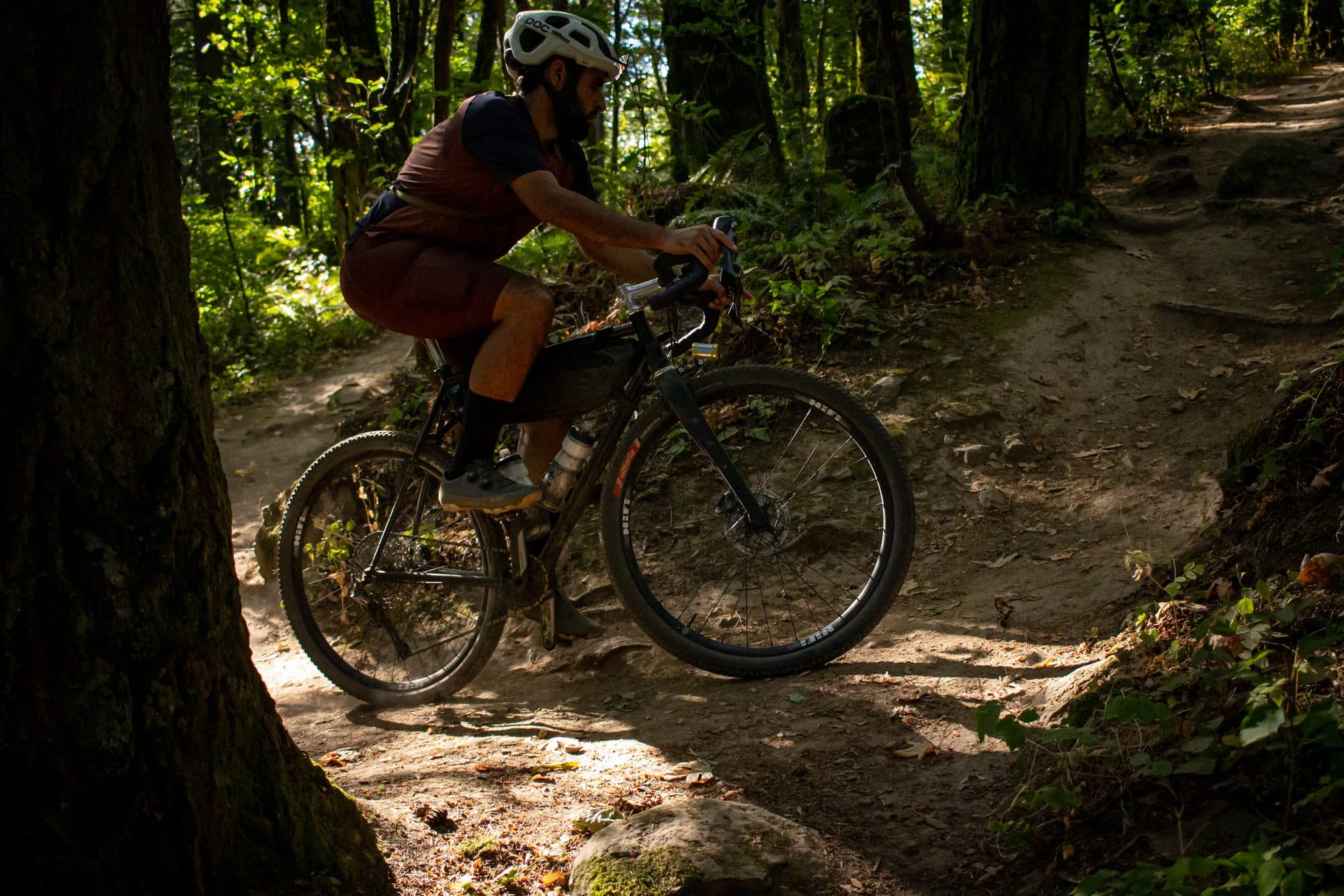 Leaning into a shaded forest corner.