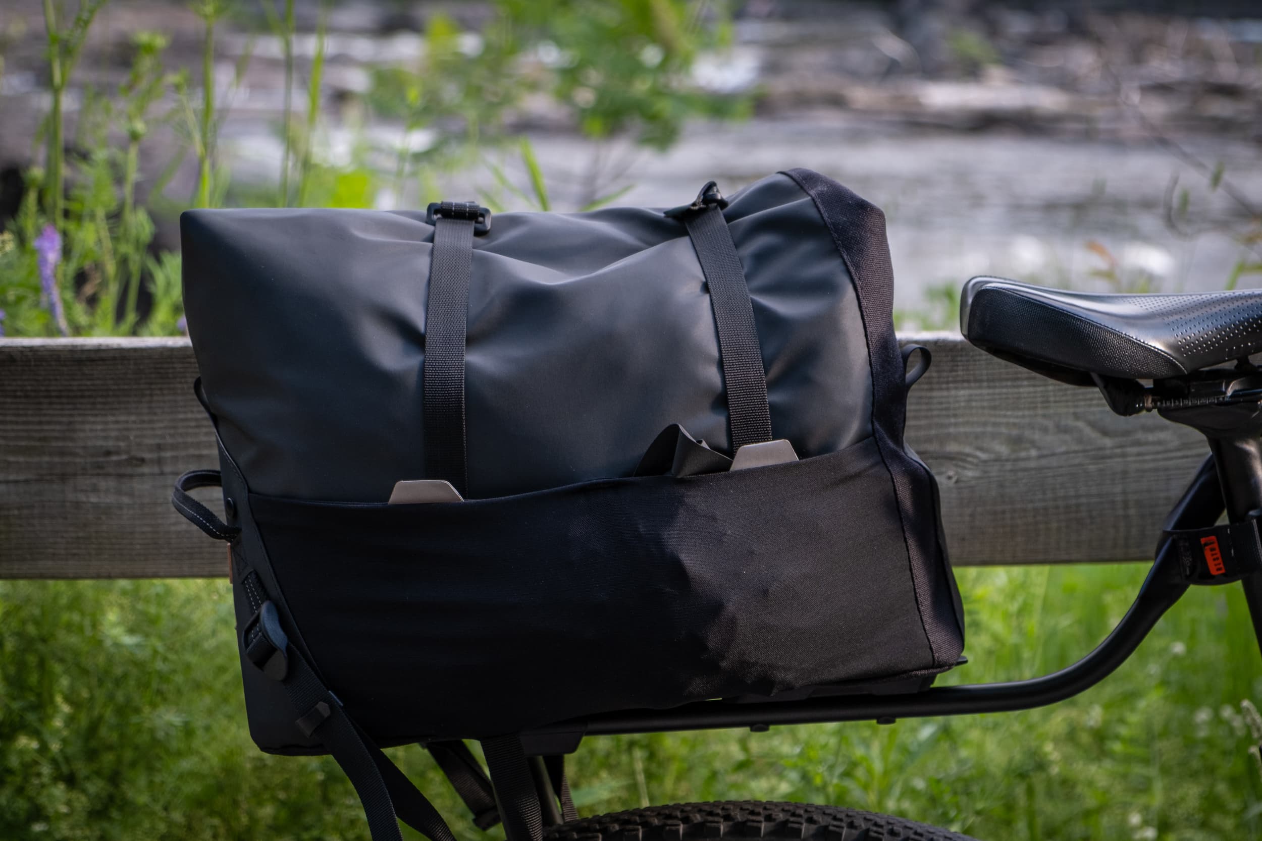Switch Top Bag mounted on the bike along a rail trail.