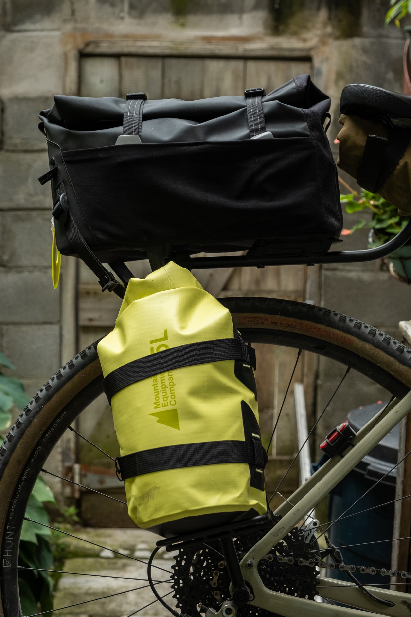 A Mountain Equipment Co-op dry bag lashed to the Switch Rack leg.