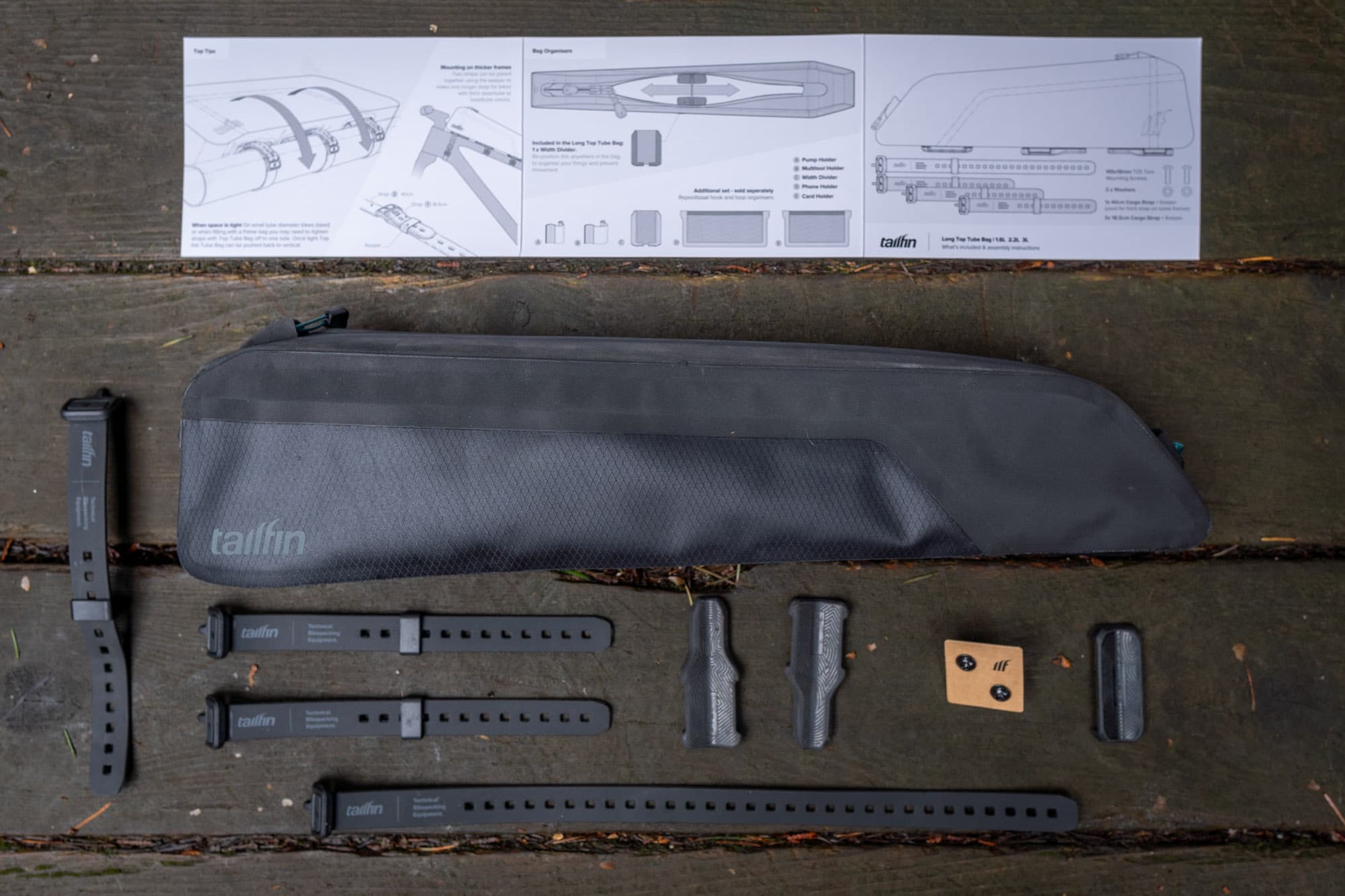 An exploded view of the Tailfin Long Top Tube Bag.