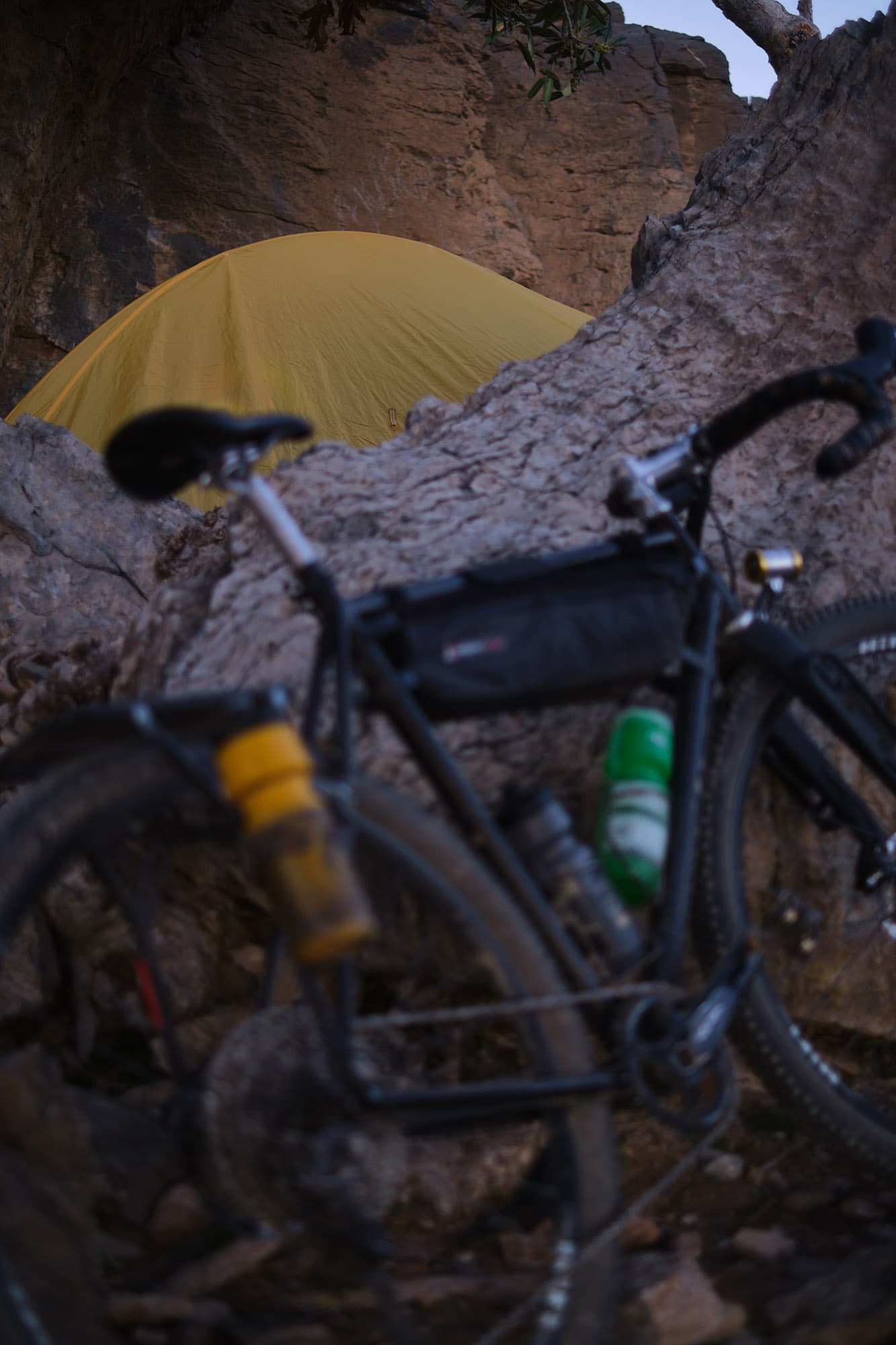 Packed tent in bikepacking setup