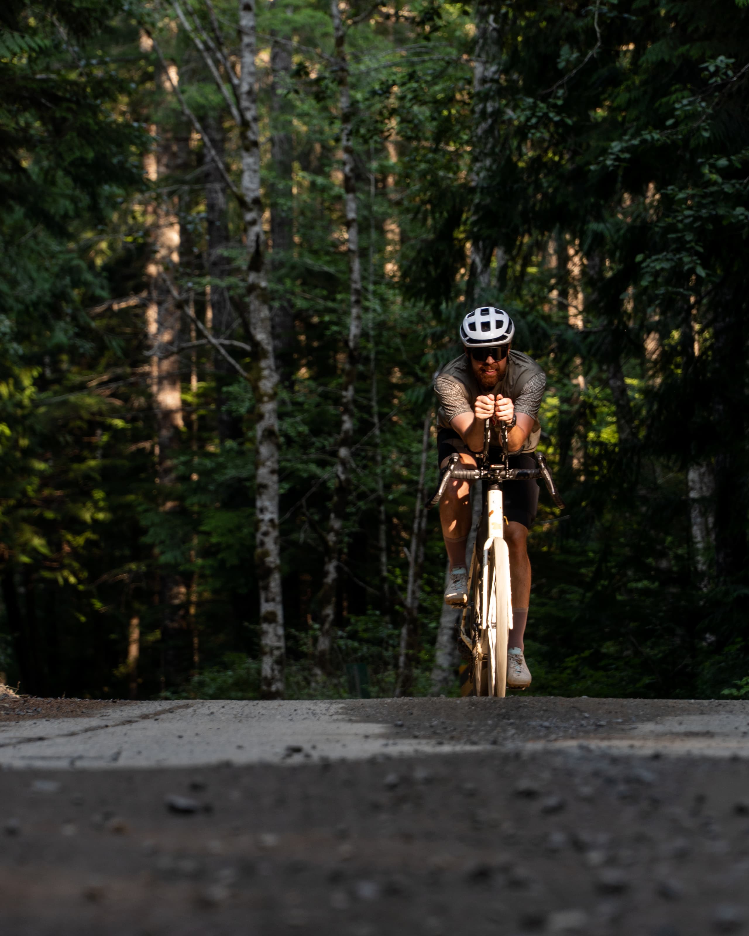 Riding into the trees on the return leg.