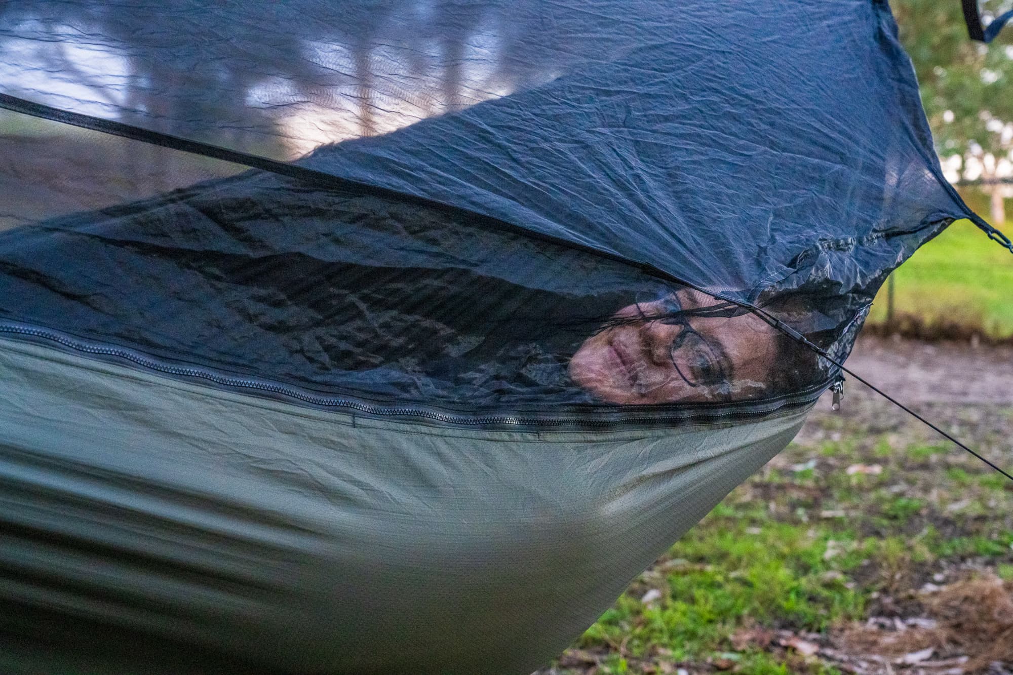 chilling in hammcok tent