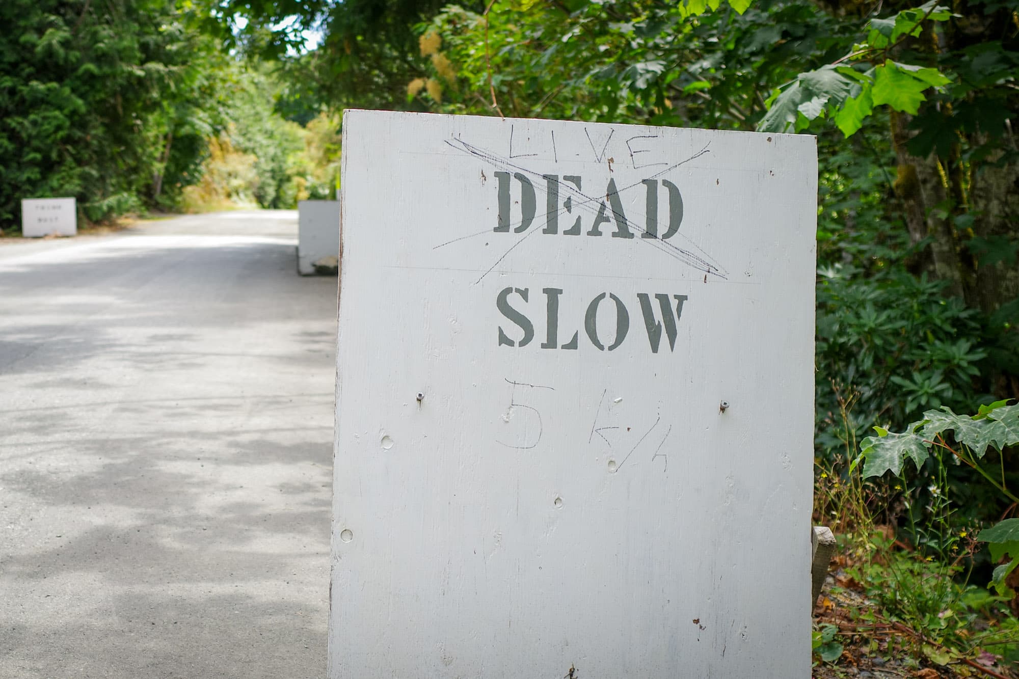 A DEAD SLOW sign on a gravel access road