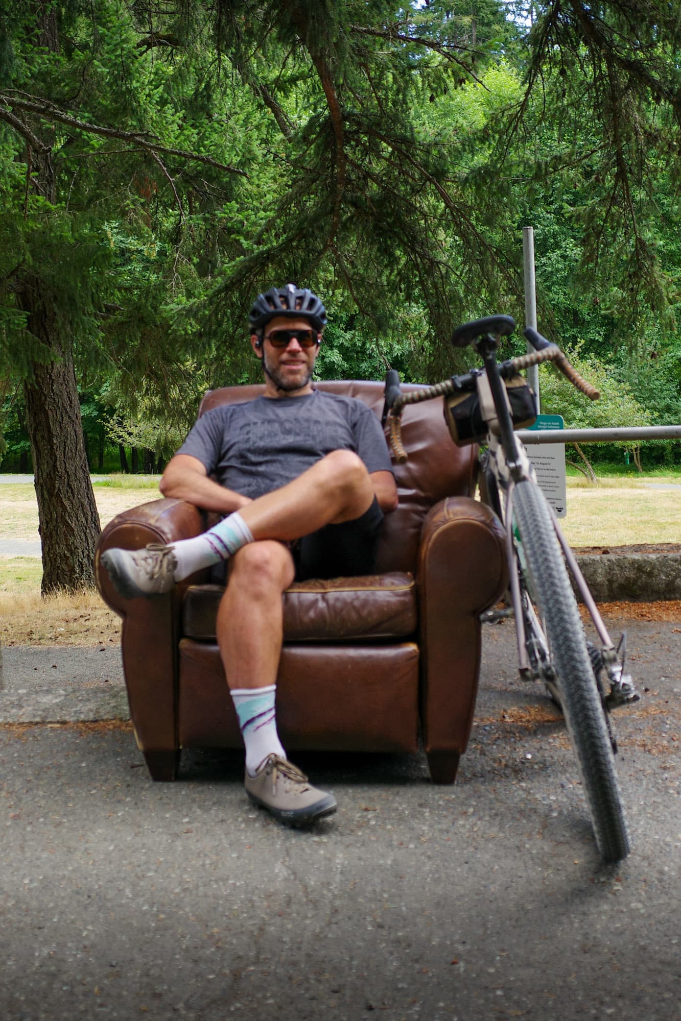 Barry taking a break in a trailside leather armchair