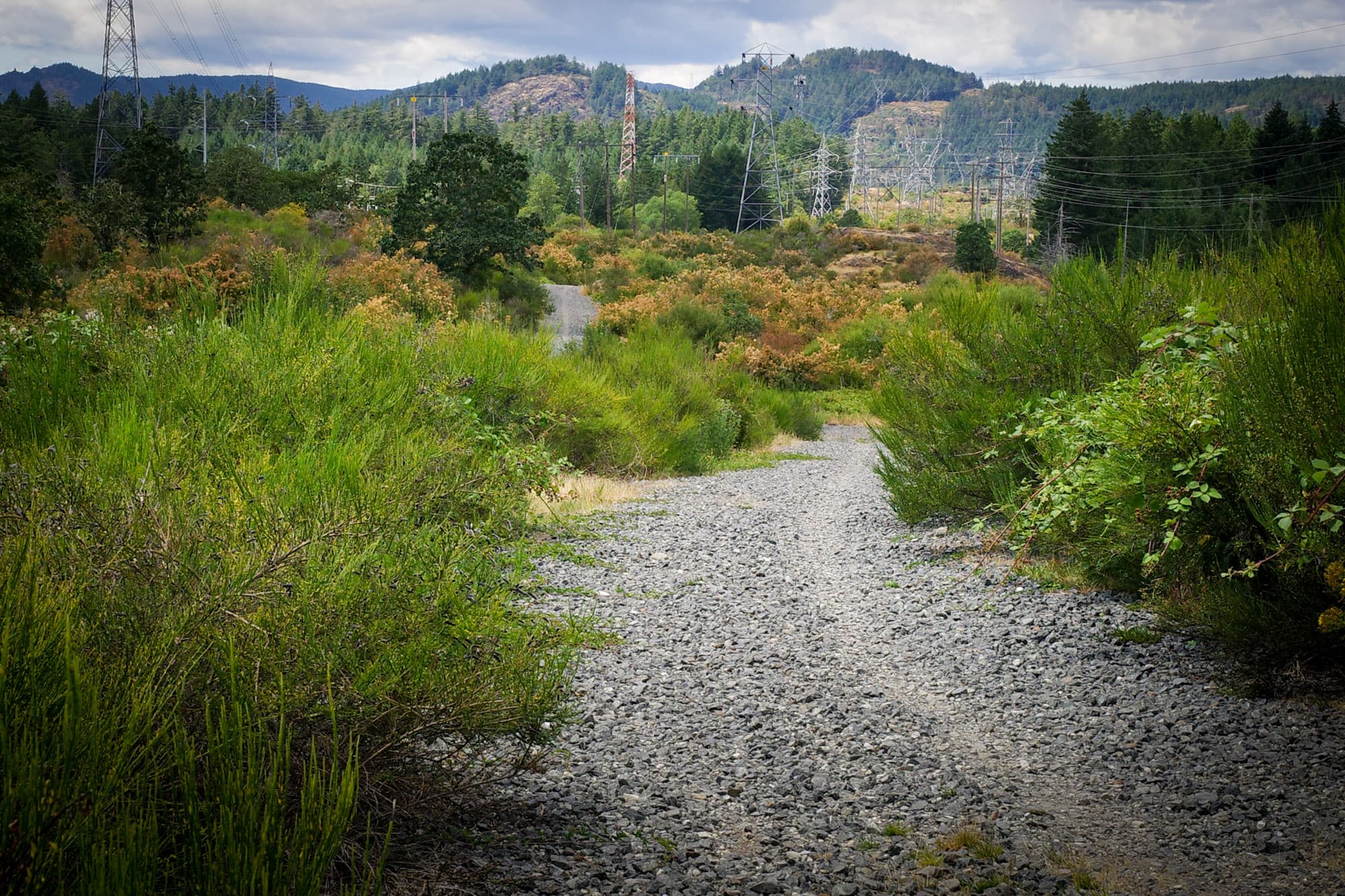 Chunky gravel through the hydro corridor, hills beyond
