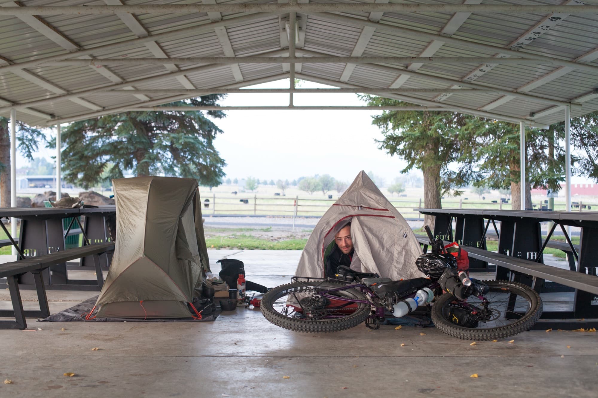 Two tents pitched under a park pavilion between picnic tables